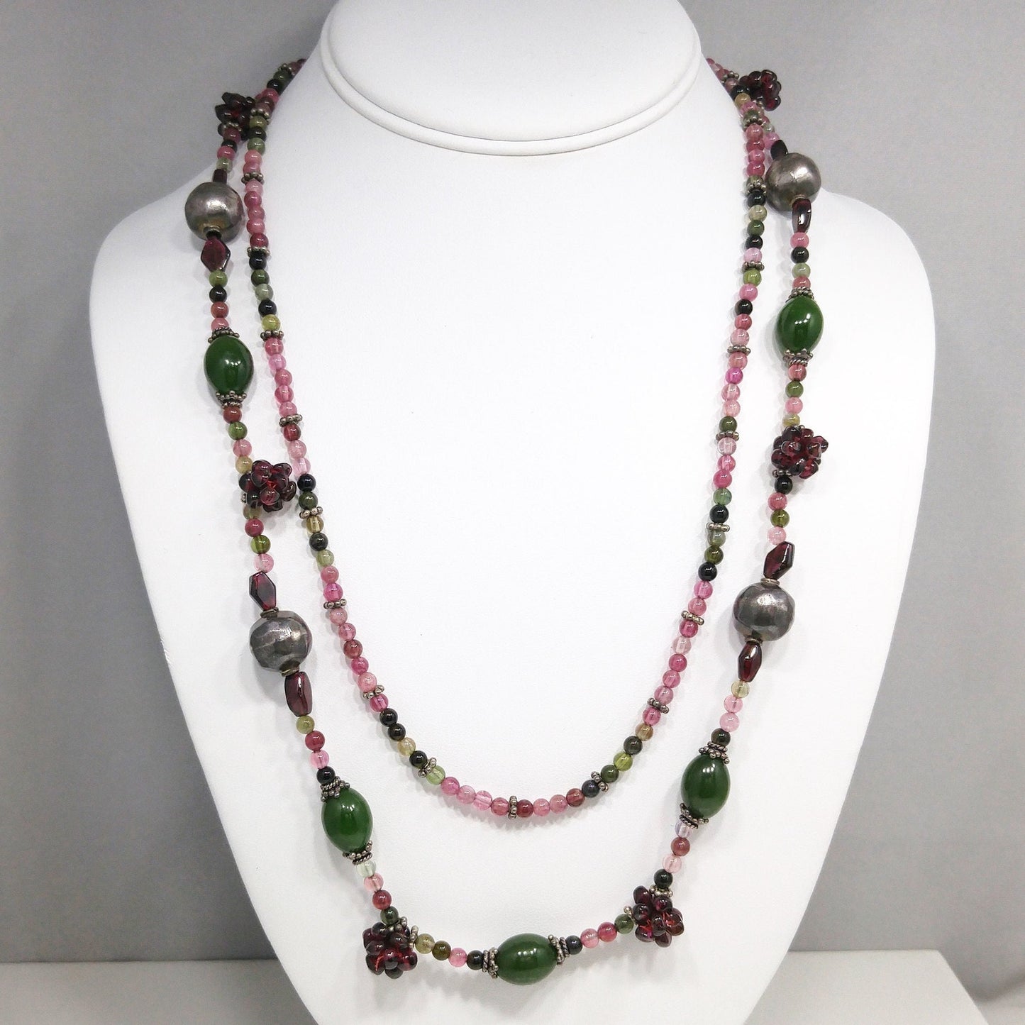 Vintage Gemstone Beaded Necklace, Garnet Clusters, Two Strands, 1990s Vintage Jewelry