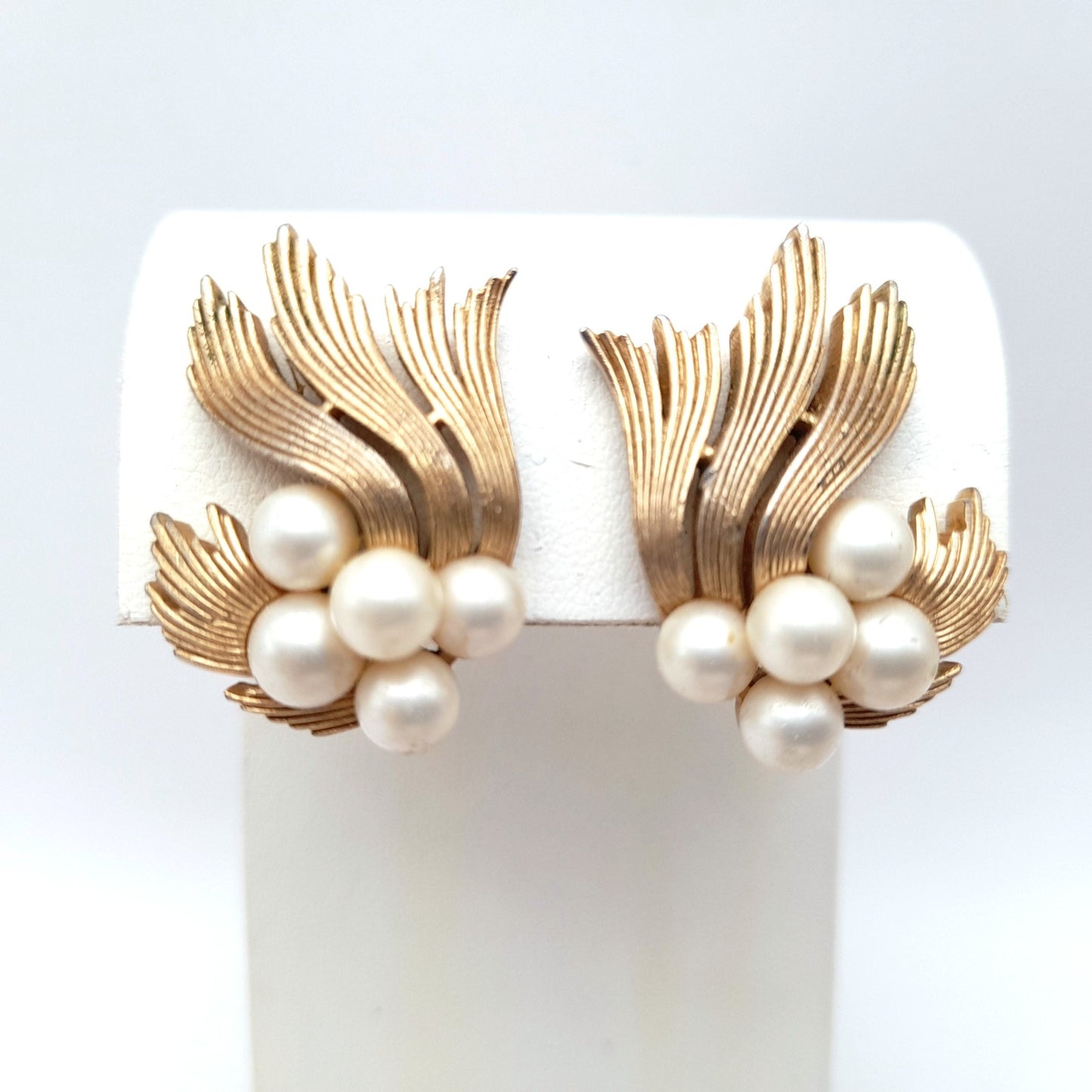 Vintage Crown Trifari Faux Pearl Clip Earrings – Gold Tone Designer Jewelry