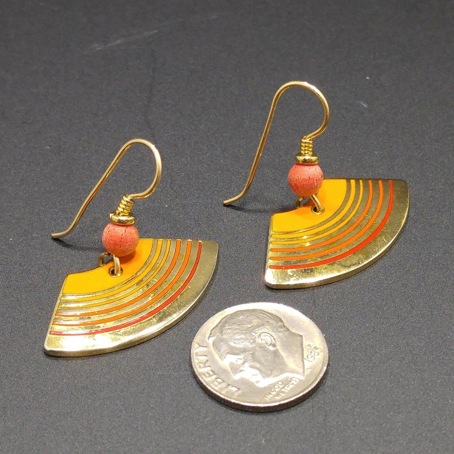 Vintage Laurel Burch "Rhythm" Earrings, Orange Enamel, Gold Plated