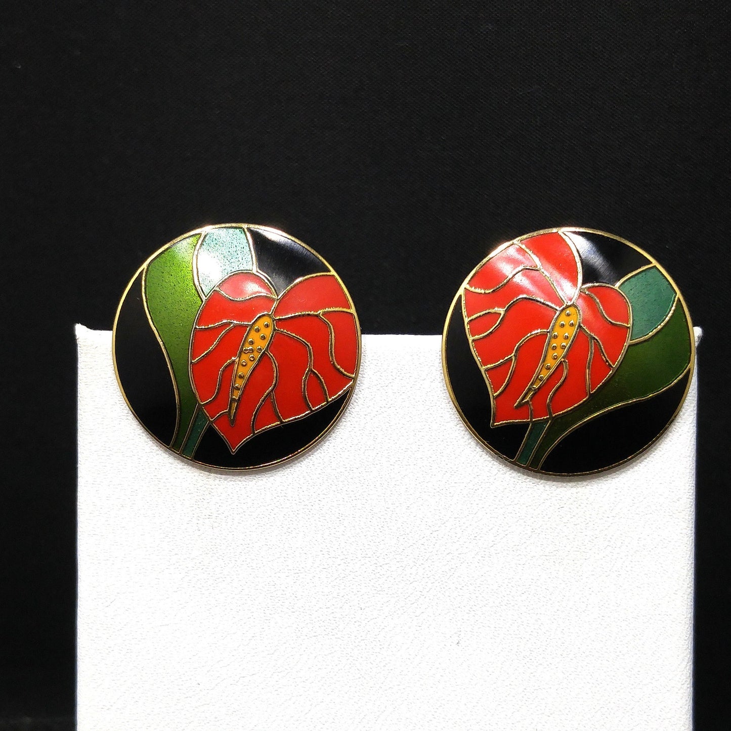 Vintage Laurel Burch Red "Antherium" Post Earrings, Gold Plated