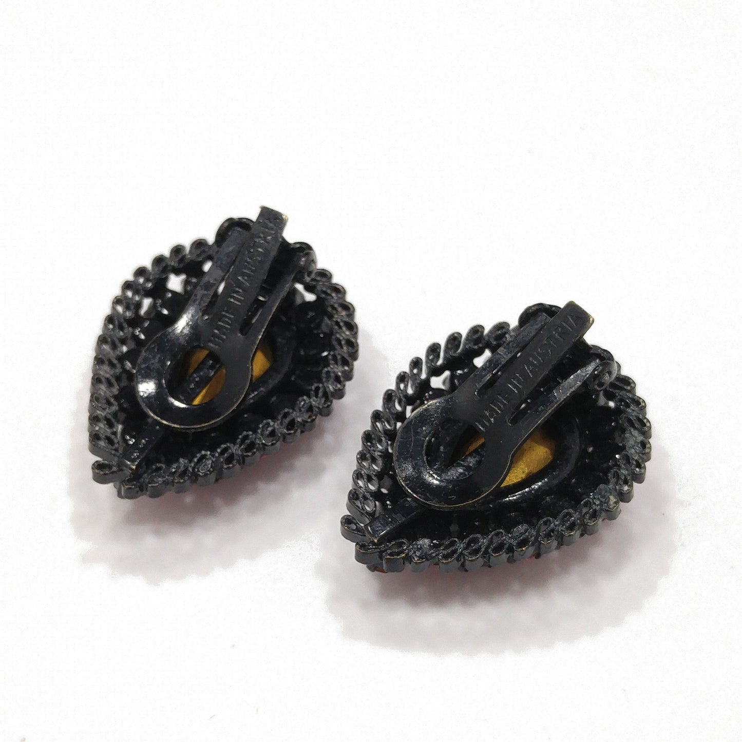 Made in Austria Red Pink Rhinestone Earrings, Japanned Black Metal, 1960s Vintage