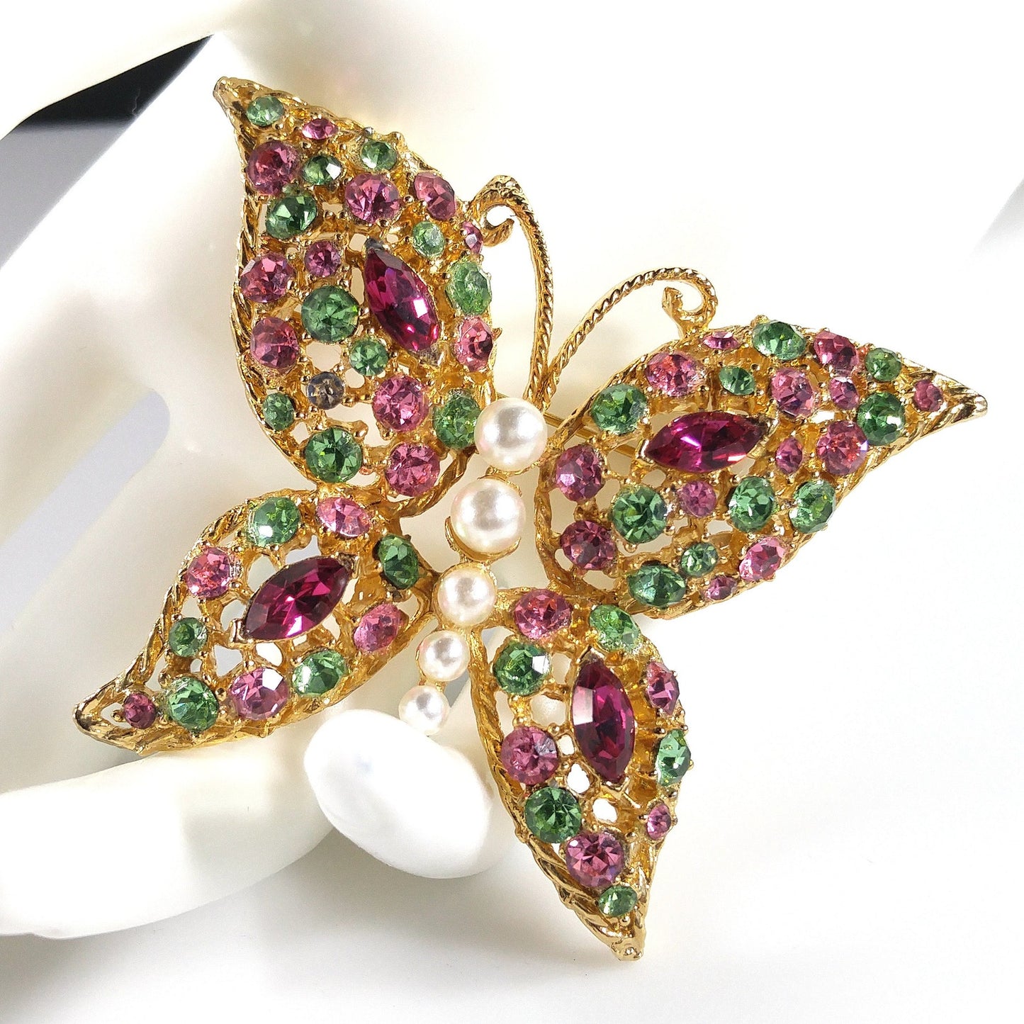 Vintage Pastel Rhinestone Butterfly Brooch, Faux Pearl Body, Uranium Glass, Vintage Jewelry