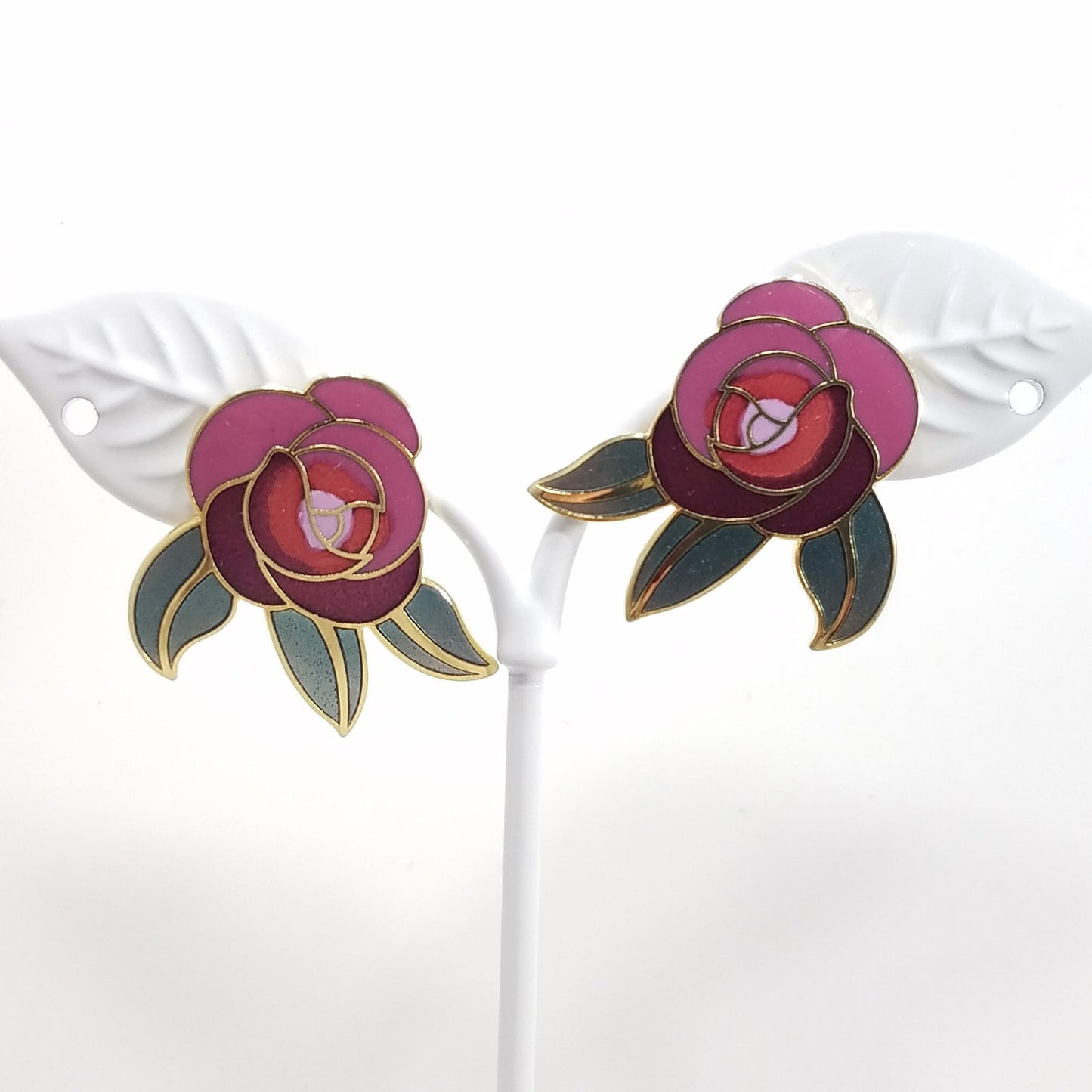 Vintage Laurel Burch "Deco Rose" Earrings, Gold Cloisonne Posts, Gold Plated