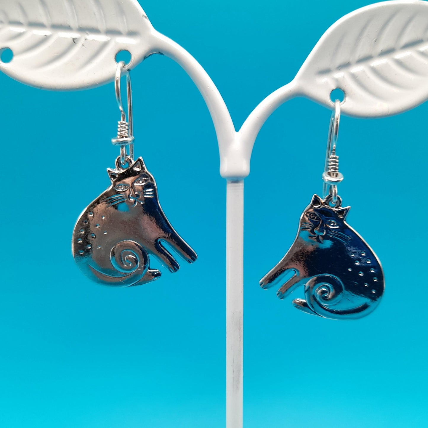 Vintage Laurel Burch Keshire Cat Earrings, Rhodium Plated