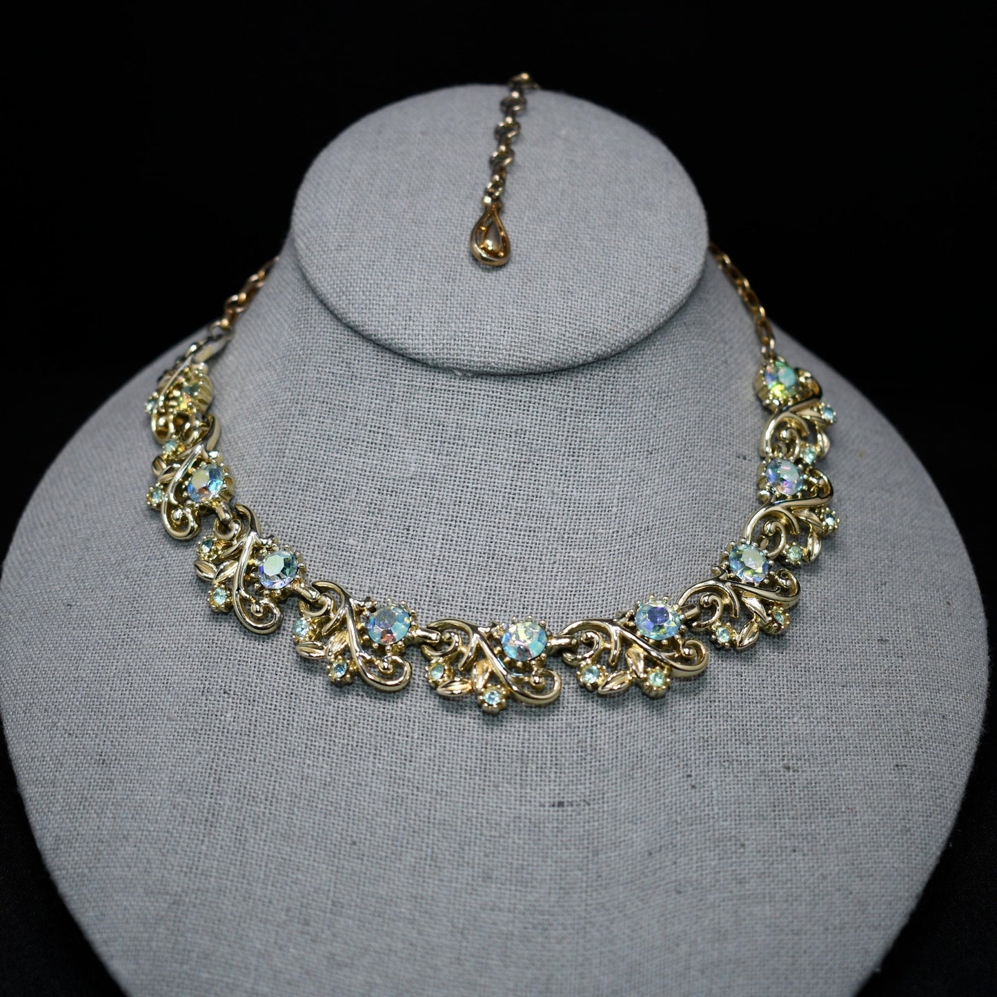 Coro Blue Aurora Borealis Gold Tone Choker Necklace, 1950s Vintage Jewelry