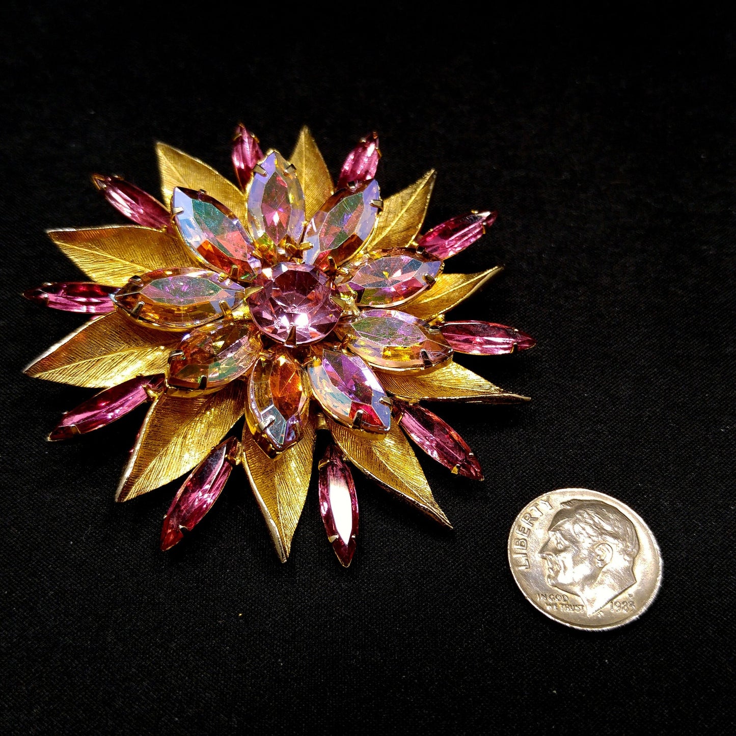 Pink Aurora Borealis Flower Brooch, Gold Plated, Light Dark Pink Rhinestones, 1960s Vintage Jewelry