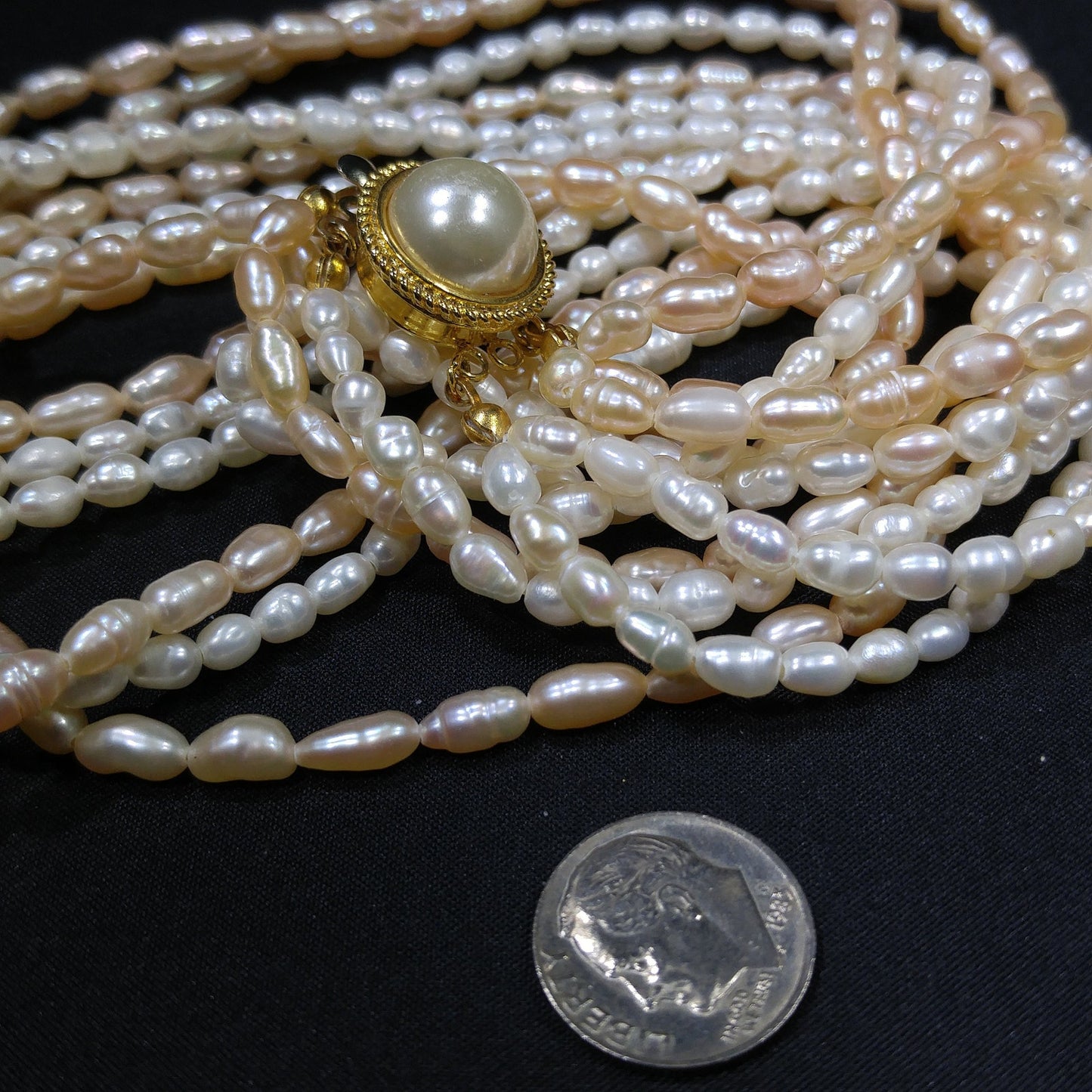 Fresh Water Pearl Necklace, 6 Strands, Silver Gold Plated Clasp, 1980s Vintage Jewelry