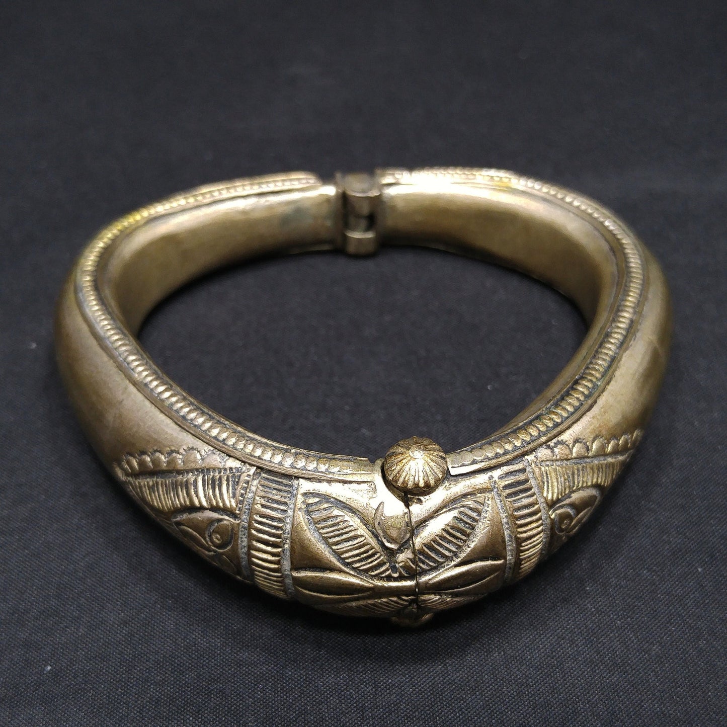 Tribal Embossed Hinged Bracelet, Plunger or Pin Clasp, Gold Wash, 1940s Vintage Jewelry