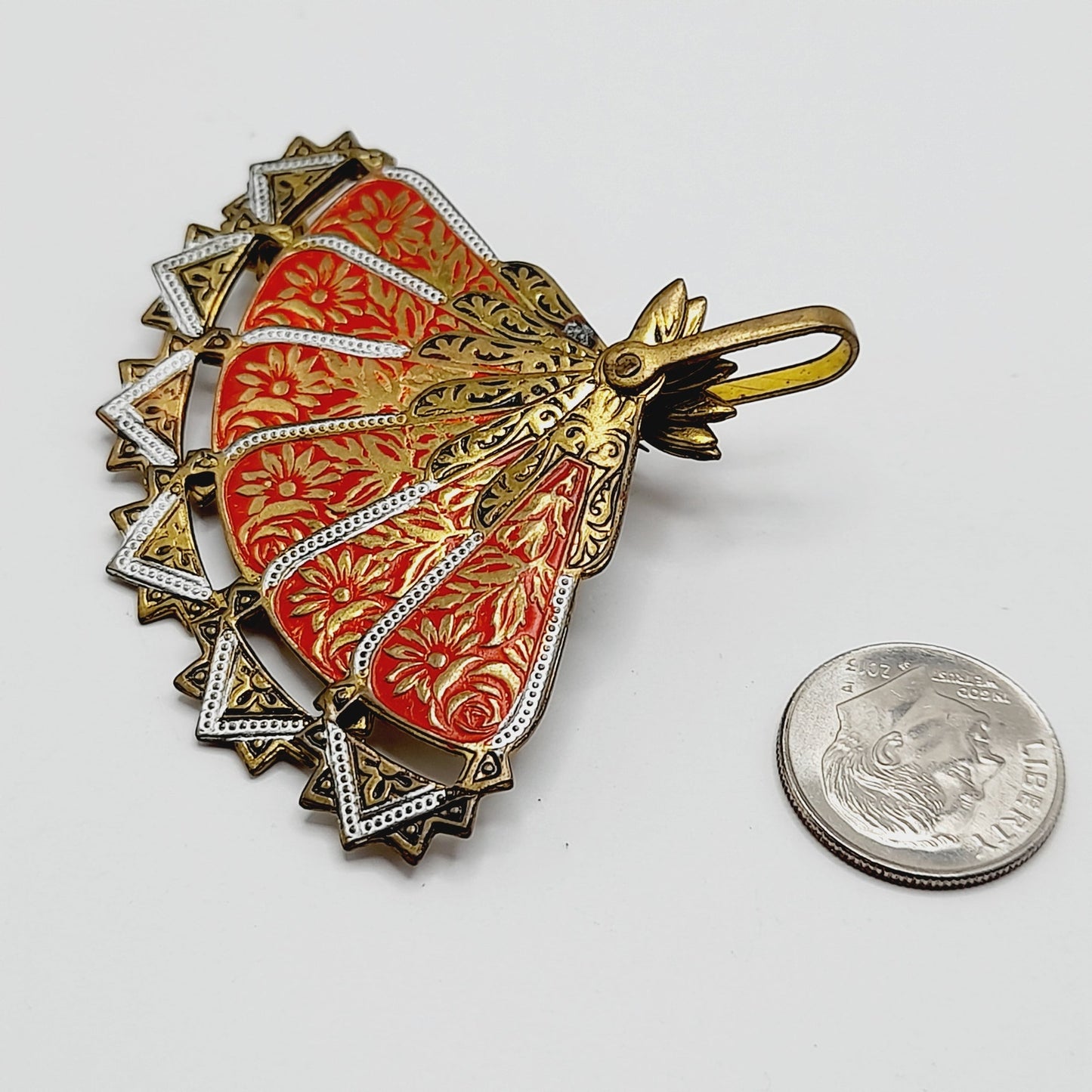 Vintage Spanish Damascene Articulated Fan Brooch Pin Pendant - Signed SPAIN - Black Gold Inlay Jewelry