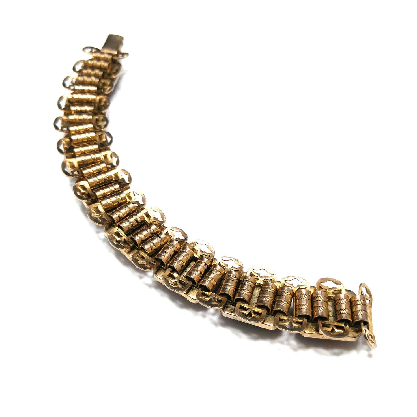 Book Chain Brown Art Glass Bracelet, Victorian Revival, Gold Plated, 1950s Vintage Jewelry