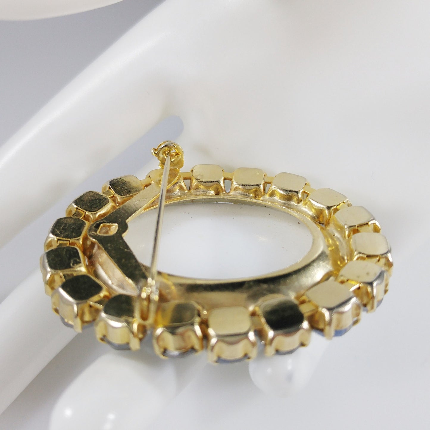 Hand Painted Blue Spatter Gold Ceramic Brooch, Gold Plated, 1960s Vintage Jewelry