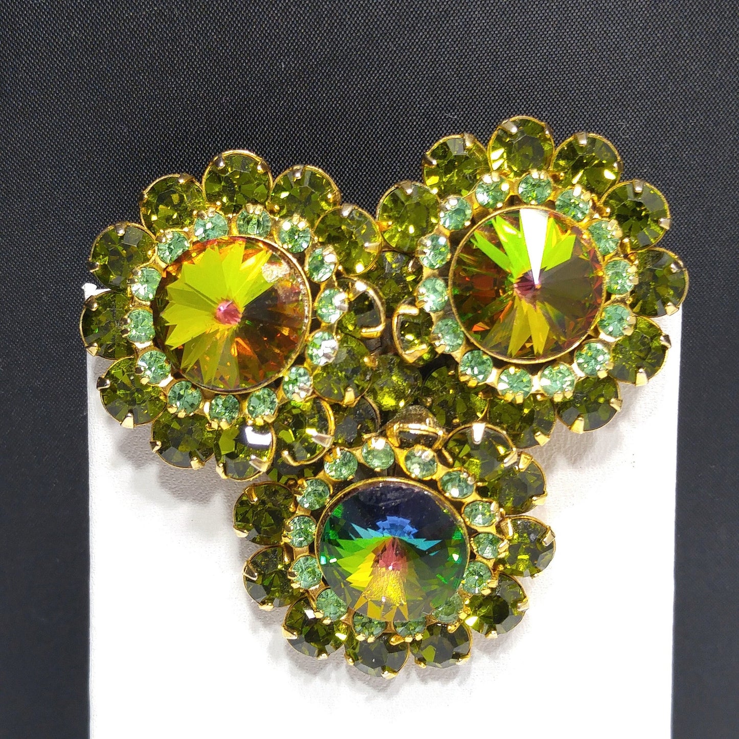 Green Watermelon Rivoli Rhinestone Brooch, Uranium Glass Rhinestones, 1960s Vintage Jewelry