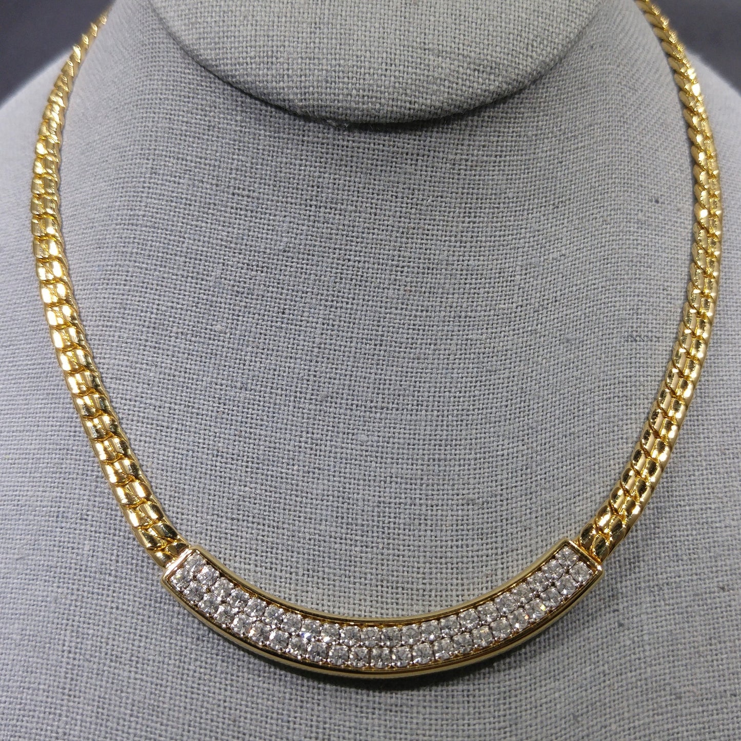 Vintage Swarovski Clear Rhinestone Gold Chain Necklace 1980s Swan Logo Signed