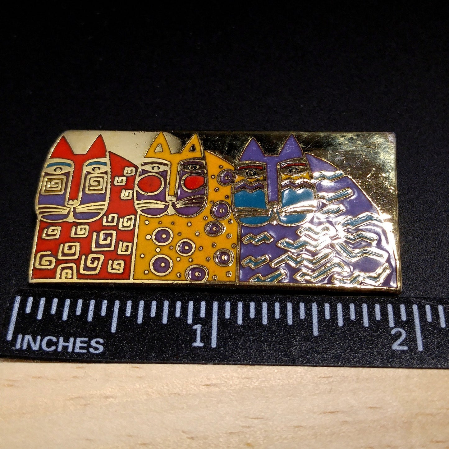 Laurel Burch "Wild Cats" Cloisonné Brooch, Three Cats Pin, 1980s Vintage Jewelry