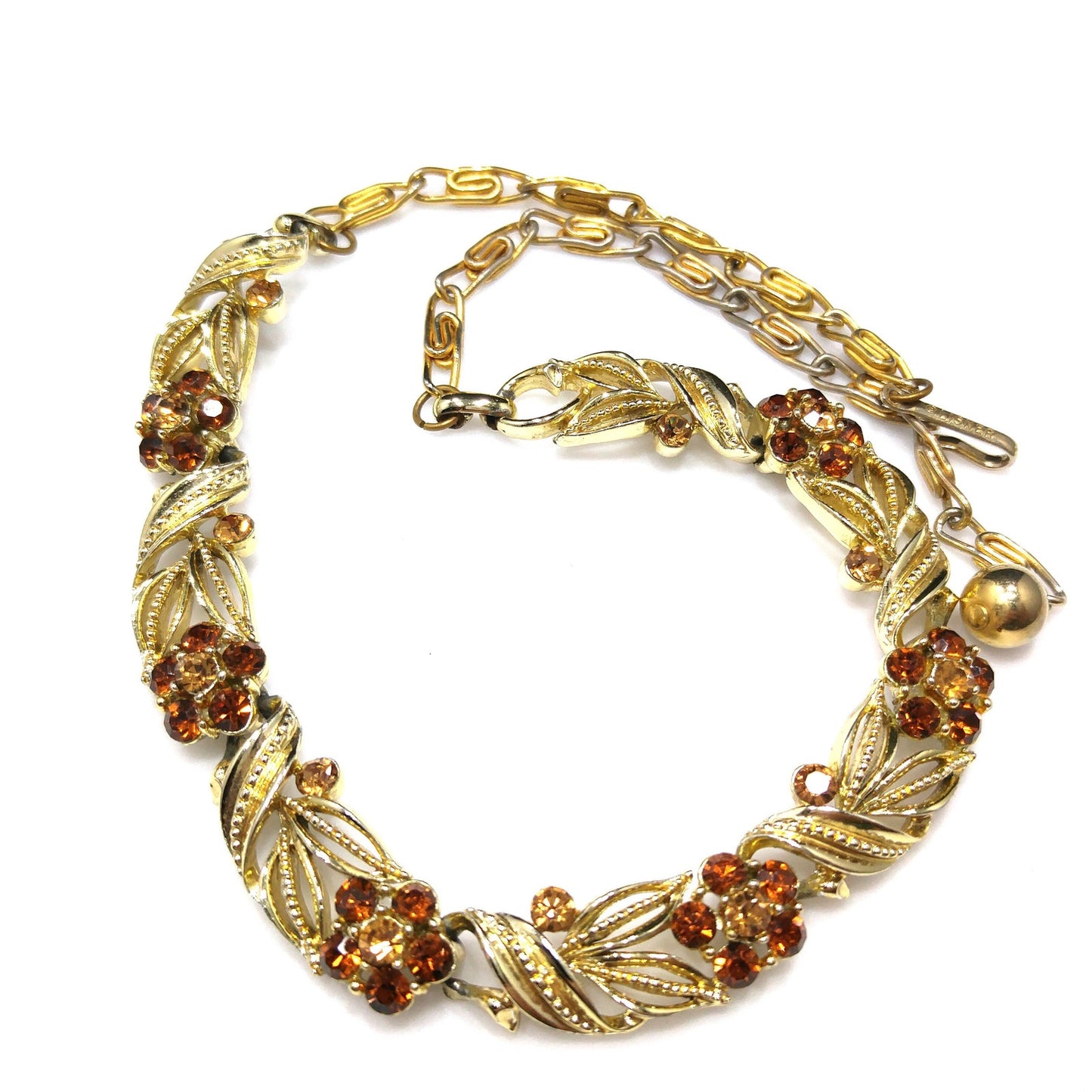 Lisner Topaz Rhinestone Floral Choker Necklace, Gold Plated, 1950s Vintage Jewelry