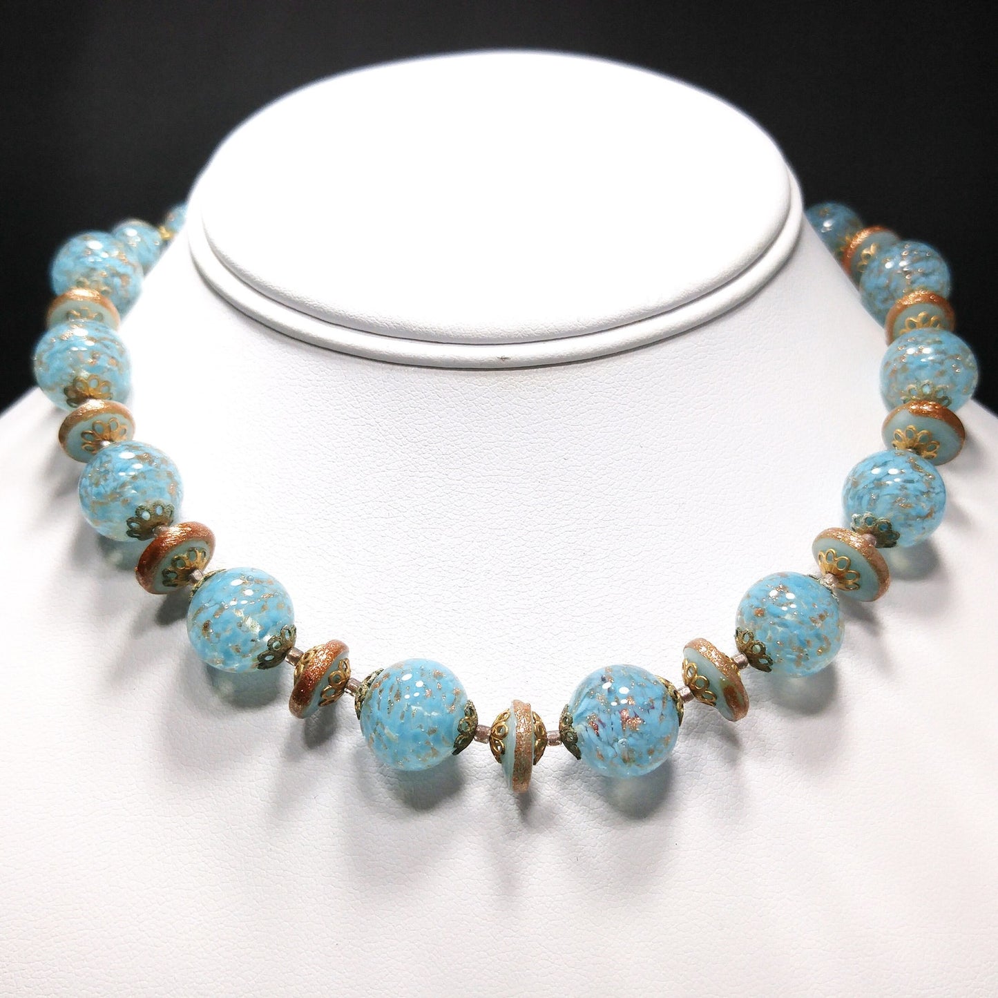 Kramer Turquoise Gold Beaded Necklace & Earrings Set, Gold Glitter Murano Glass