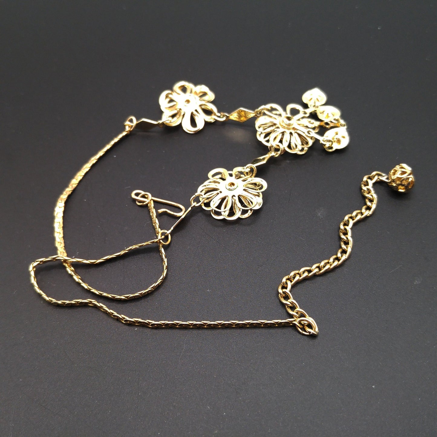 Mid-Century Floral Necklace, Light Blue Rhinestones, Gold Plated, 1950s Vintage Jewelry