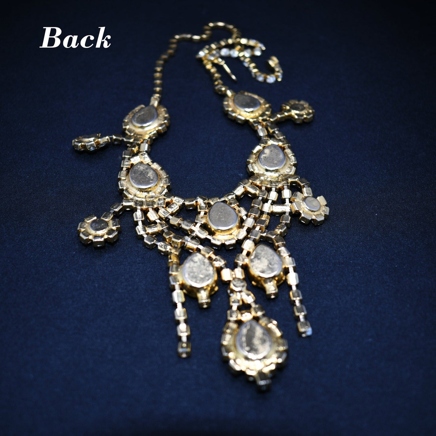 Aurora Borealis Rhinestone Frontal Necklace, Gold Plated, 21 Inches, 1970s Vintage Jewelry