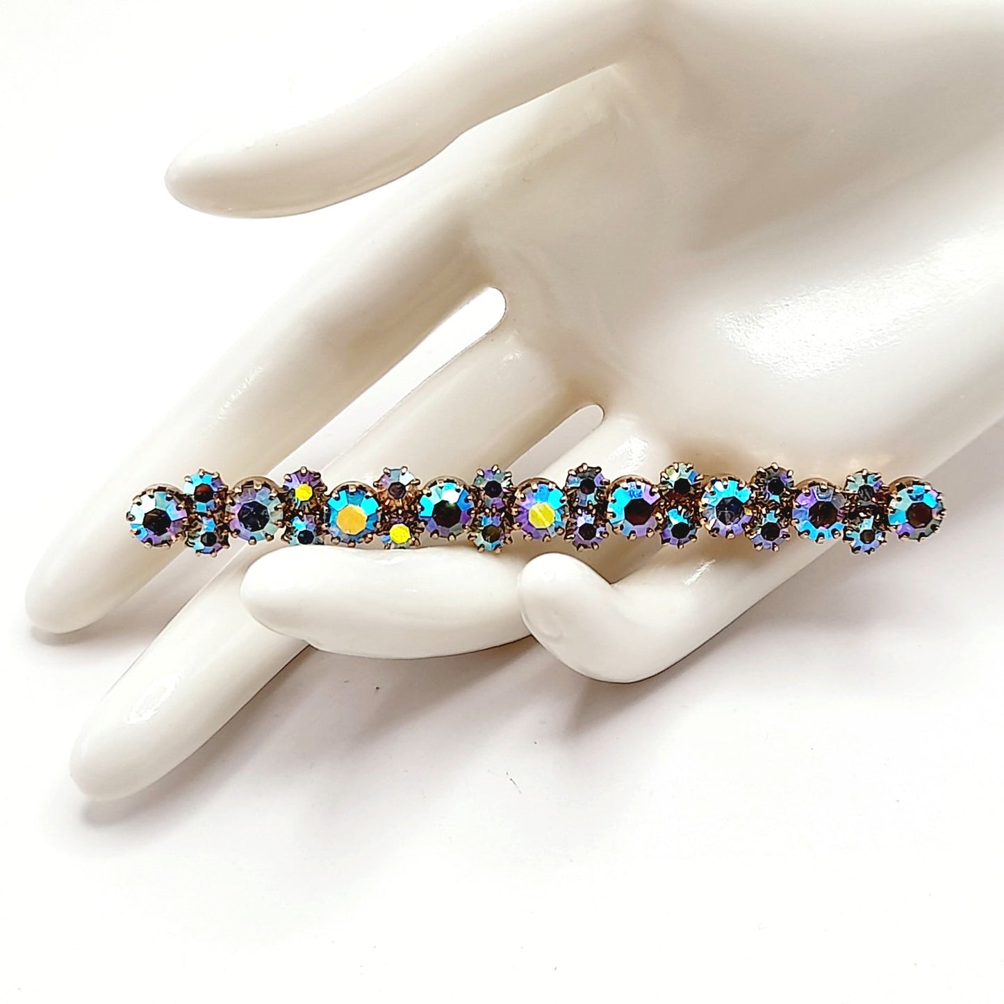 Vintage Aurora Borealis Rhinestone Bar Pin, Gold Plated Backing, Prong Set, 3 1/2 Inch