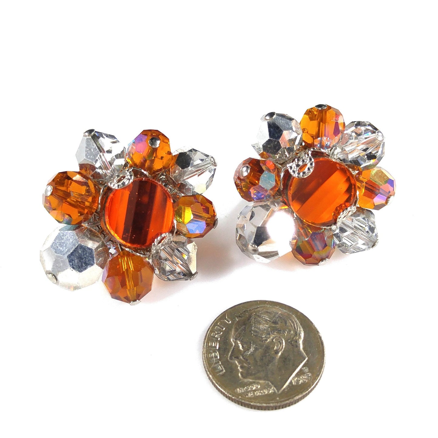 Vendome Beaded Clip Earrings, Orange Silver Clear Crystal Beads, 1960s Vintage Jewelry