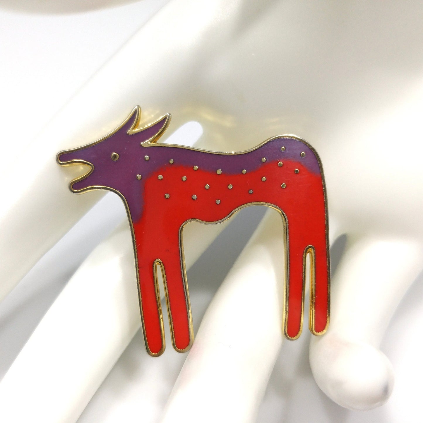 Laurel Burch "Wild Dog" Purple & Red Enamel Brooch, Cloisonne Gold Plated, 1980s