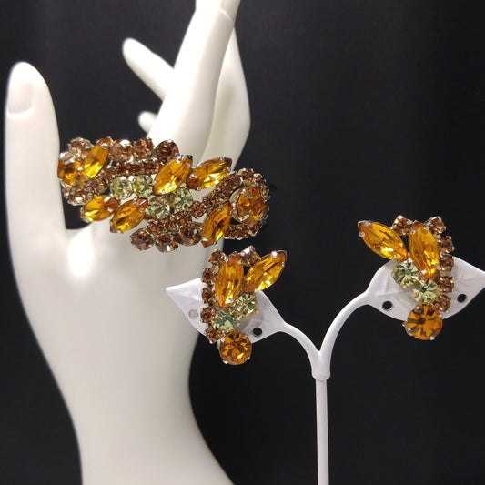 Rhinestone Hinged Bracelet & Earrings, Light Topaz Jonquil, 1960s Vintage Jewelry