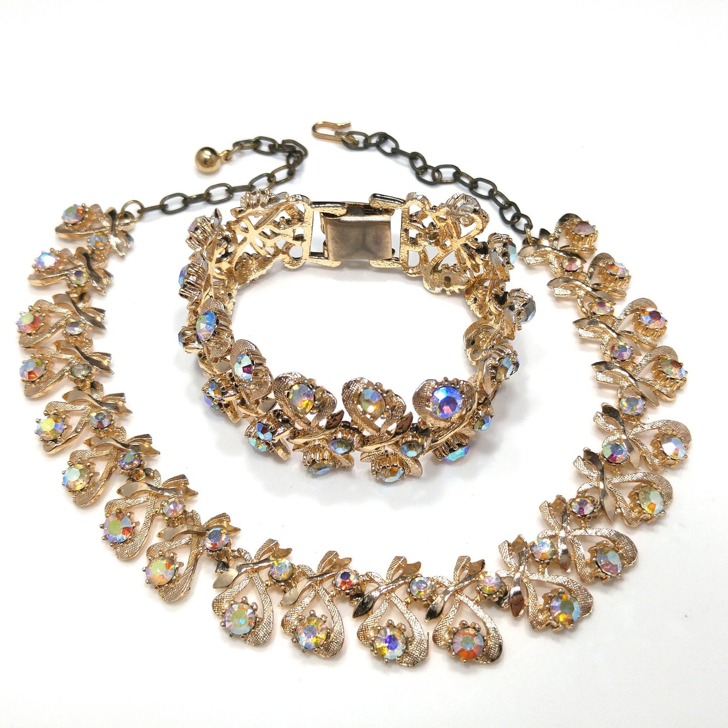 Arthur Pepper "Art" Necklace & Bracelet, Aurora Borealis Rhinestones, 1960s Vintage Jewelry