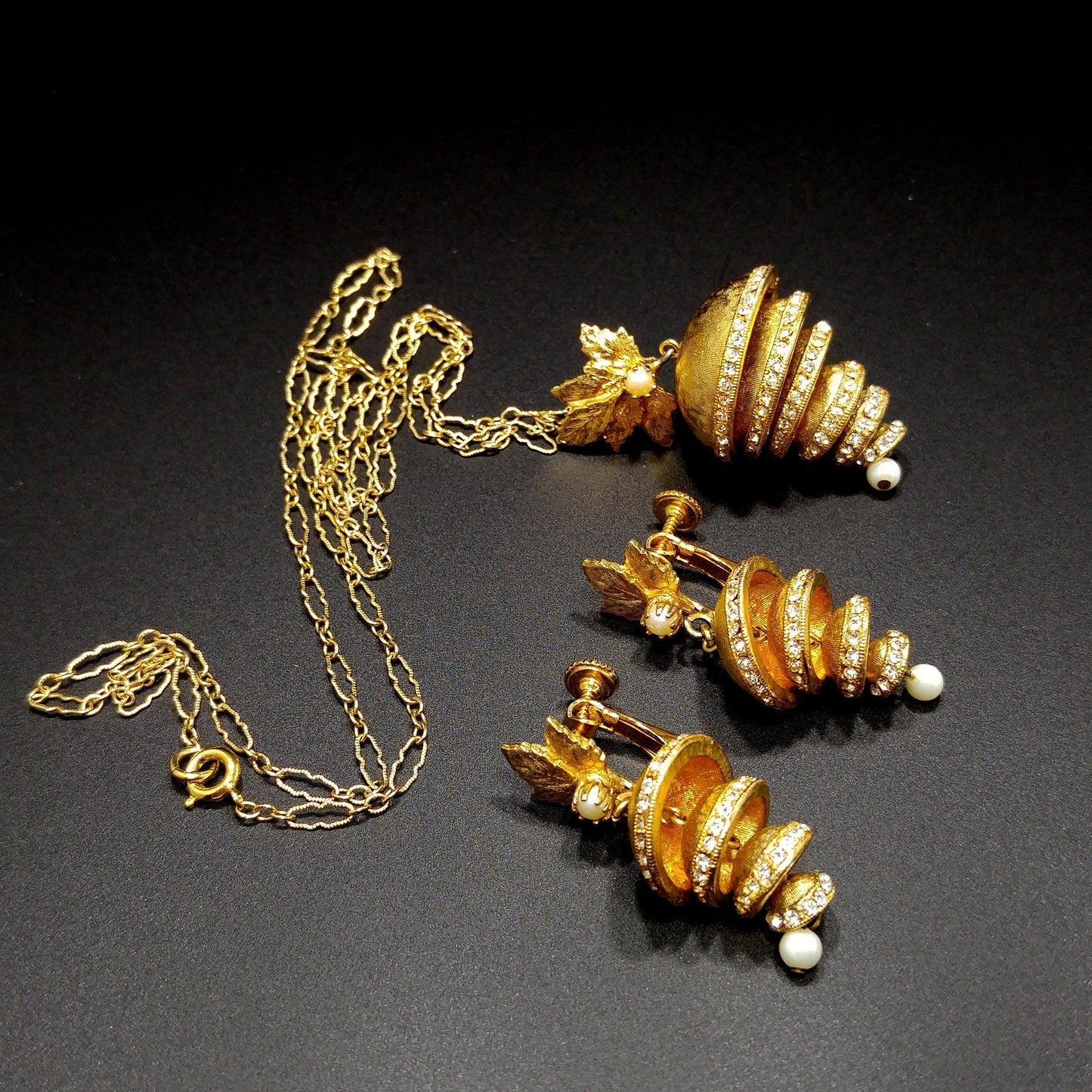 Vendome Articulated Floral Pendant Necklace & Earrings, Pave Rhinestones, Faux Pearls, 1960s Vintage Jewelry