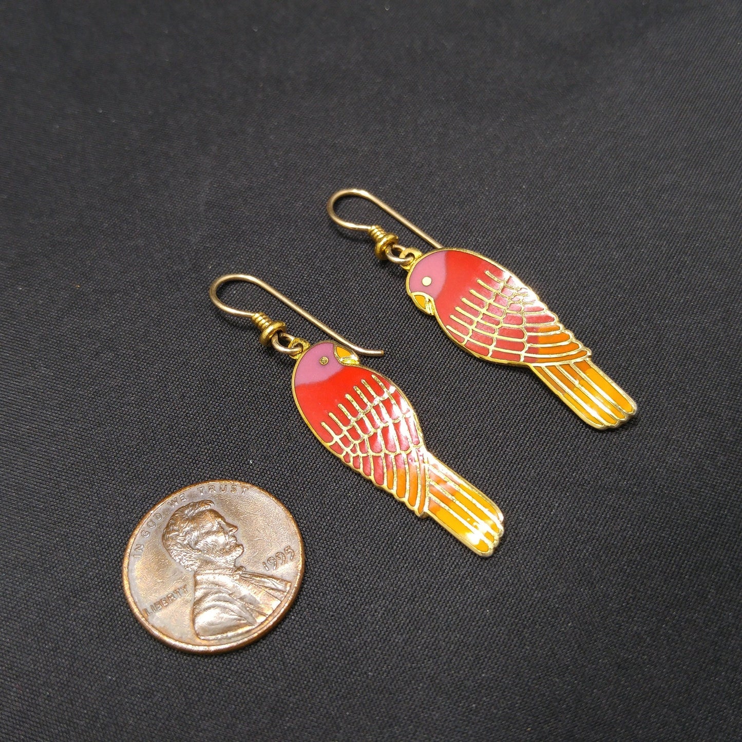 Laurel Burch "Lorikeets" Earrings, Gold Plated Cloisonne & Enamel, 1980s Vintage