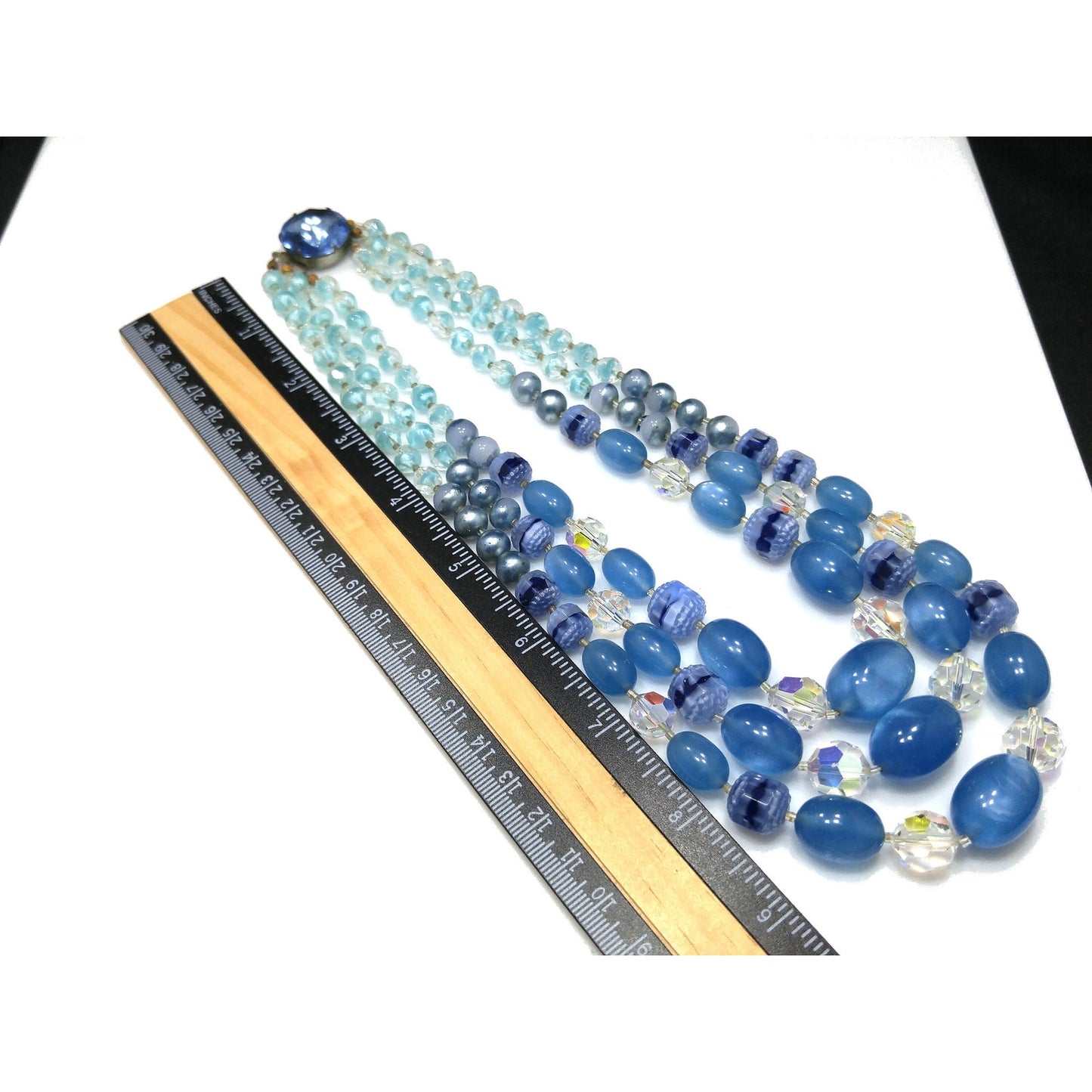 Blue Moonglow Crystal Art Glass Beaded Necklace, Three Strands, Crystal Clasp, 1950s Vintage Jewelry