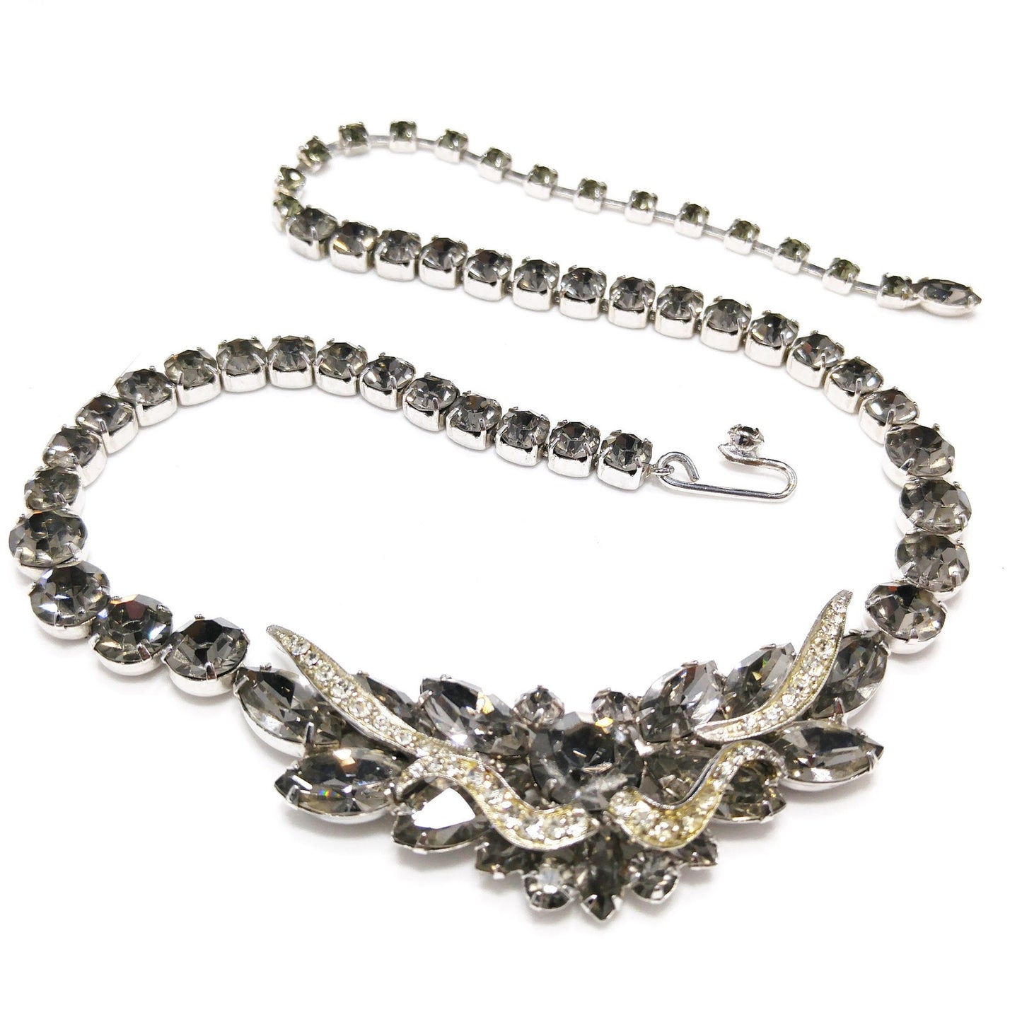 Vintage Weiss Black Diamond Rhinestone Necklace, Rhodium Plated, 1960s