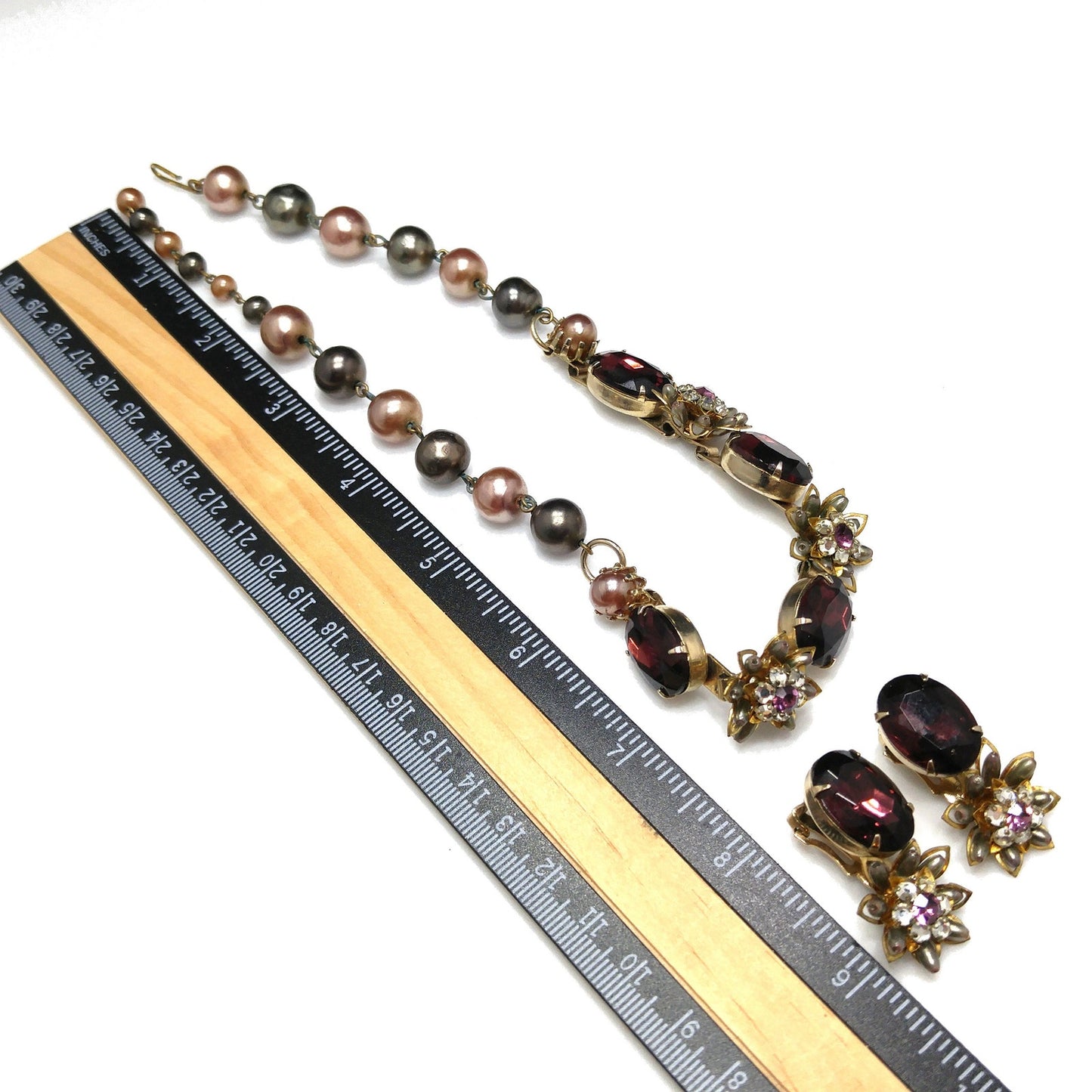Purple Rhinestone Floral Necklace Earrings, Faux Pearls, 1950s Vintage Jewelry