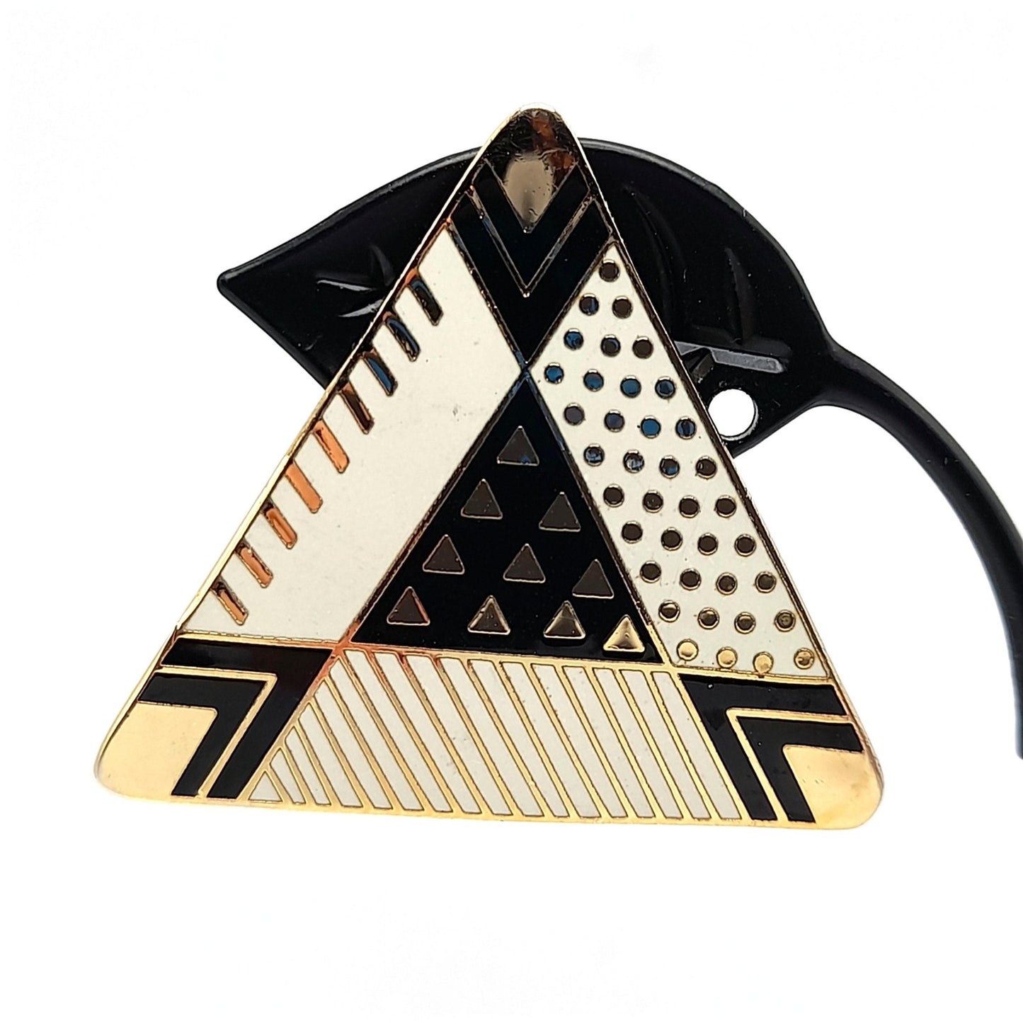 Laurel Burch Large Geometric Clip Earrings, Black White Enamel, Gold Plated, 1980s Vintage Jewelry