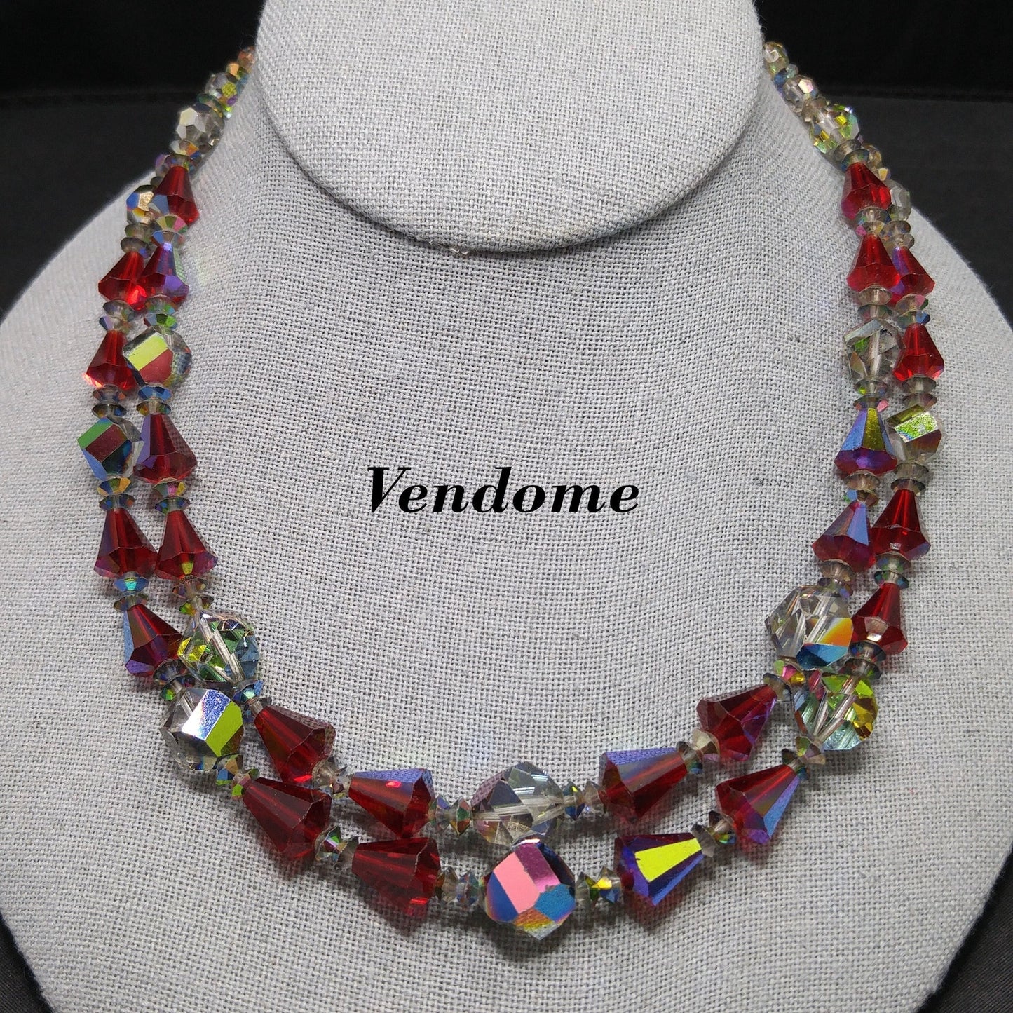 Vendome Red Crystal Two Strand Necklace, Aurora Borealis, 1960s Vintage Jewelry