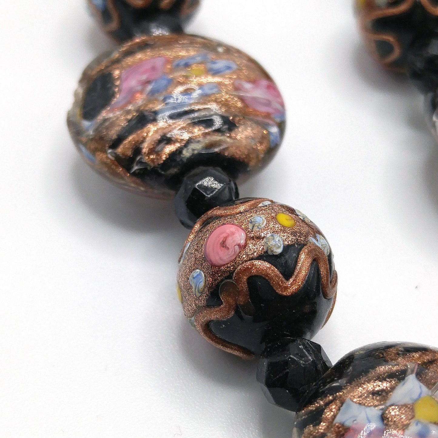 Vintage Italian Wedding Cake Glass Necklace, Black Gold Copper Venetian Lampwork Beads, 1940s Vintage Jewelry