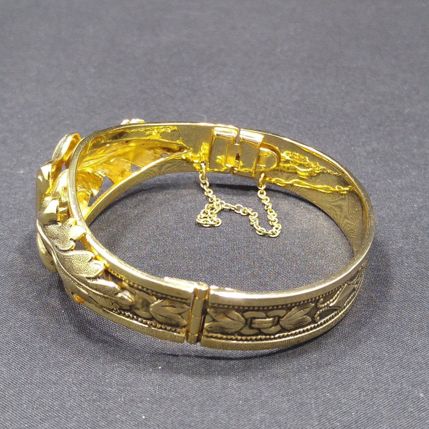 Whiting & Davis Gold Plated Hinged Bracelet, Safety Chain, Snap Lock Clasp, 1960s Vintage Jewelry