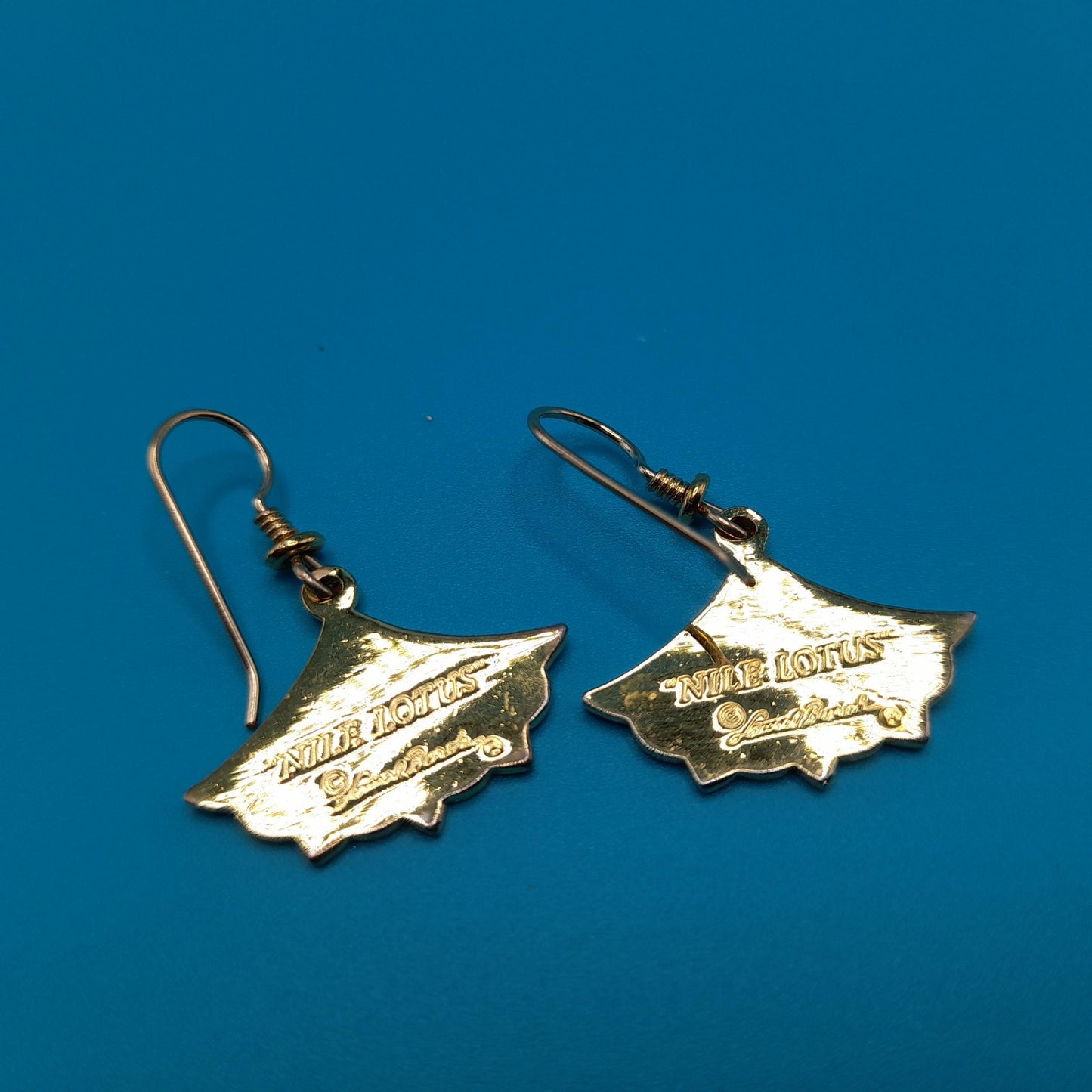 Laurel Burch "Nile Lotus" Drop Earrings, Gold Plated, Enamel Light Blue Purple, 1980s Vintage Jewelry