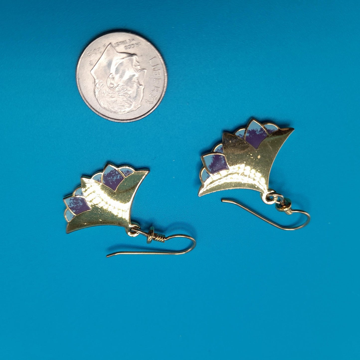 Laurel Burch "Nile Lotus" Drop Earrings, Gold Plated, Enamel Light Blue Purple, 1980s Vintage Jewelry