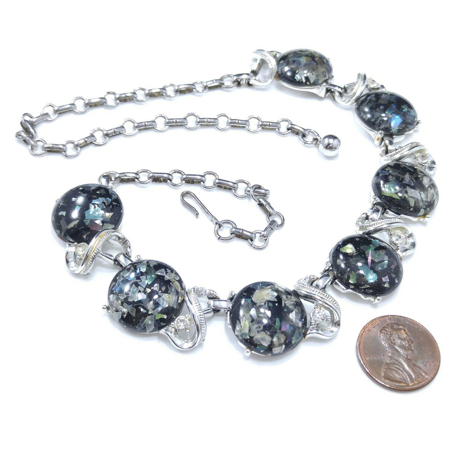 Coro Lucite Confetti Necklace, Gray Lucite & Silver Tone, 1950s Vintage Jewelry