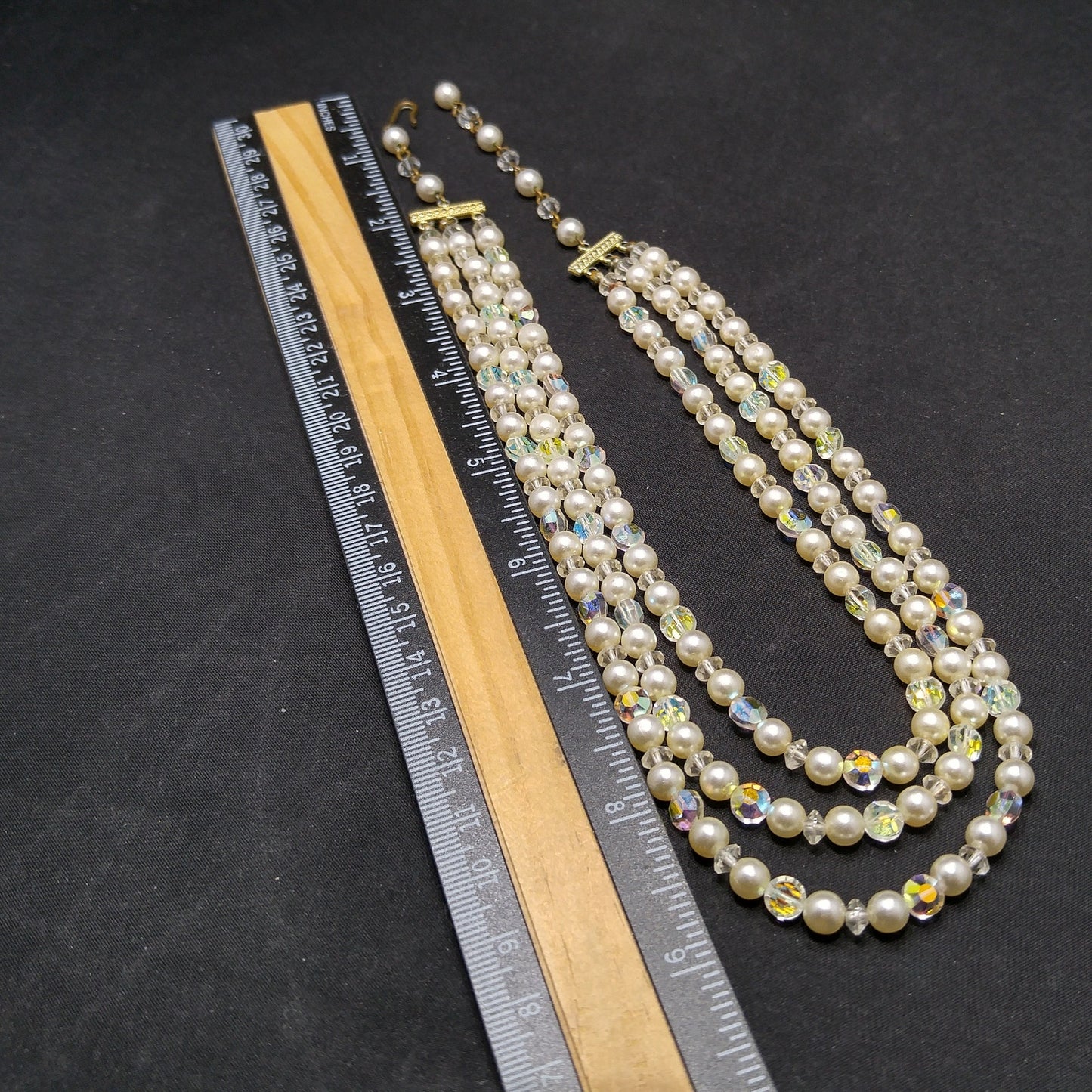 Mid-Century Crystal Faux Pearl Necklace, Three Strands, 1950s Vintage Jewelry