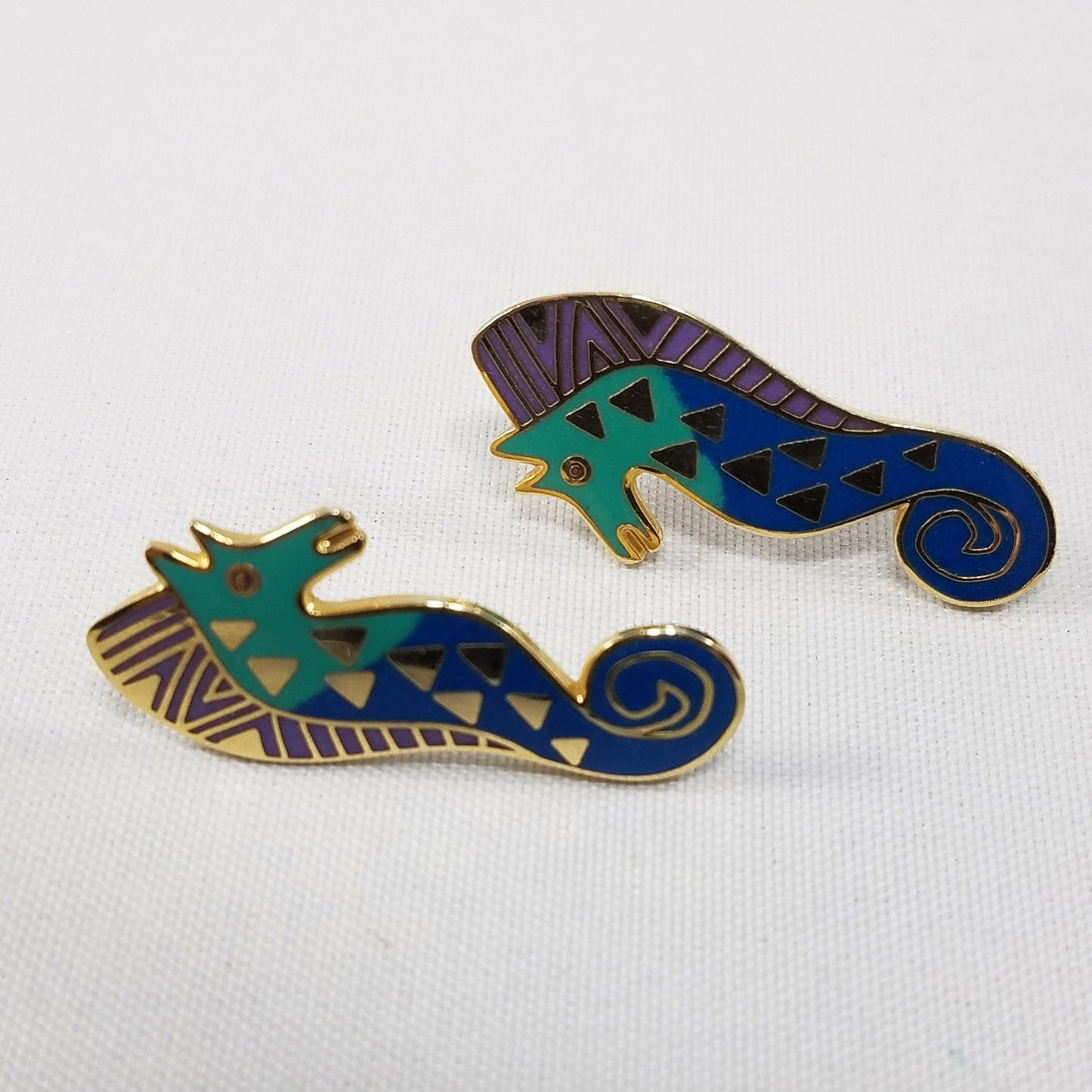 Vintage Laurel Burch "Sea Stallion" Post Earrings Teal Lavender & Gold SEA HORSE