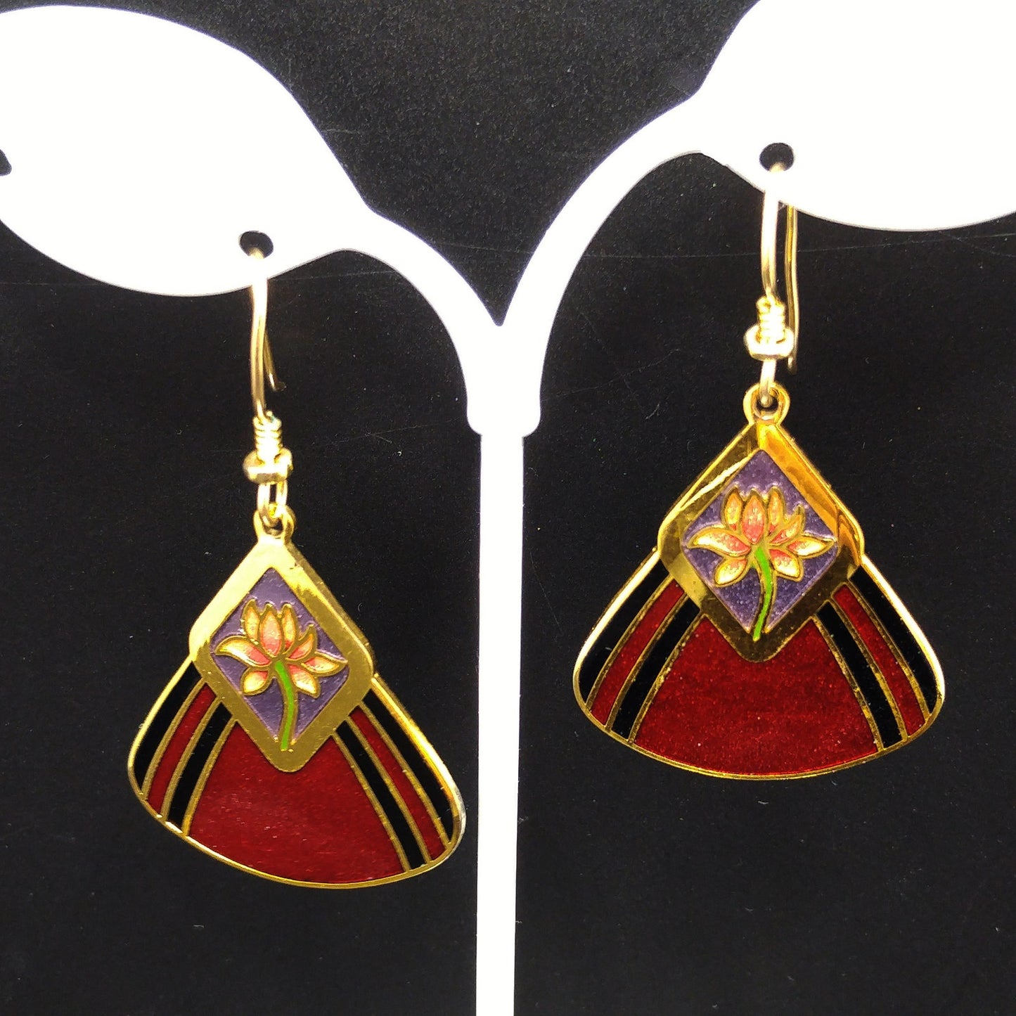 Vintage Laurel Burch "Water Lily" Earrings, Gold Plated, Red Enamel