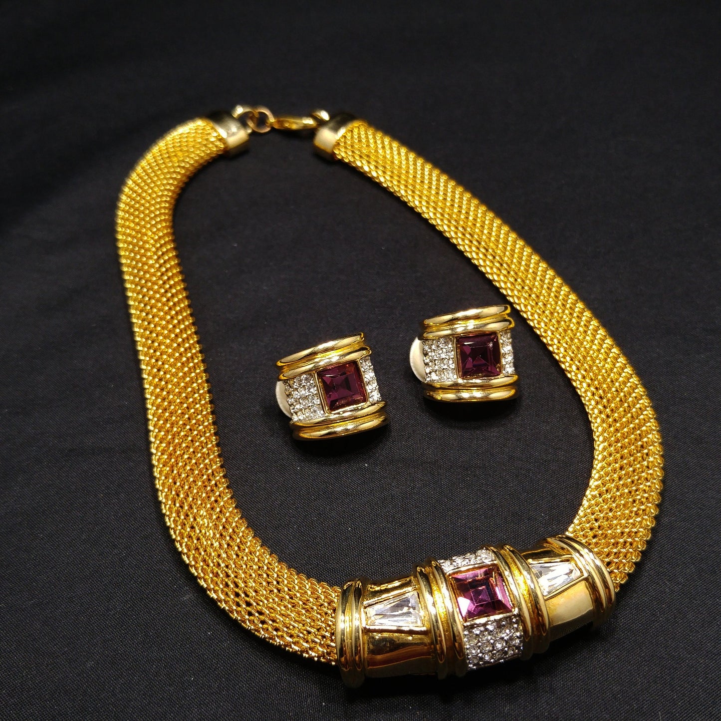Purple Clear Rhinestone Necklace & Earrings, Gold Plated, 1980s Vintage Jewelry