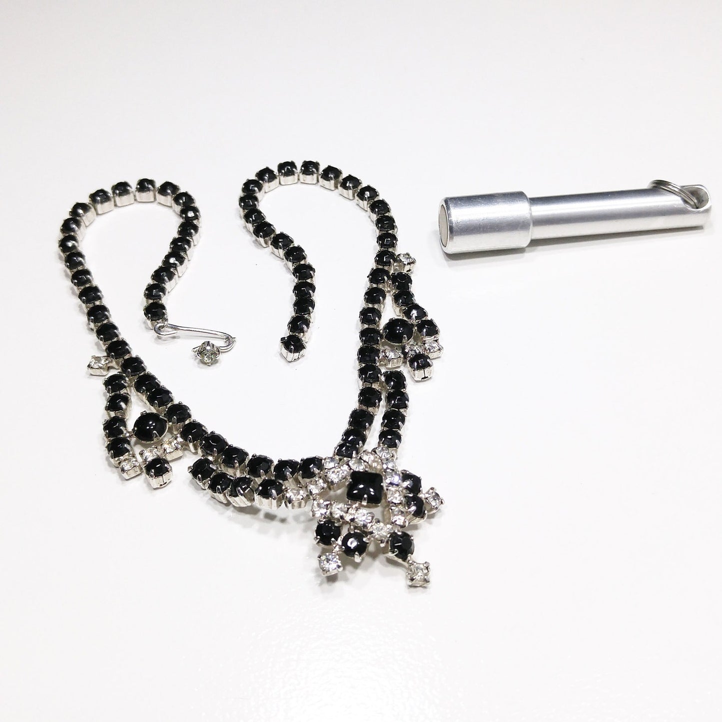 Vintage Black & Clear Rhinestone Festoon Necklace, Rhodium Plating, 1950s
