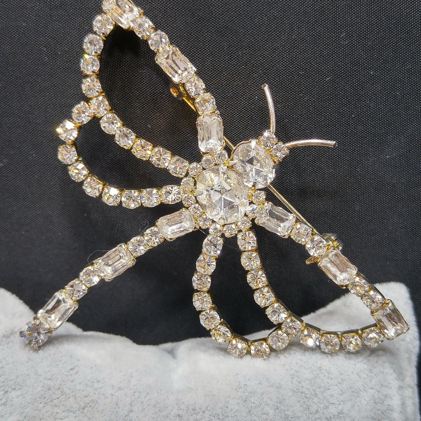 Clear Rhinestone Dragonfly Brooch, Mid-Century, Foil Back Stones, 1950s Vintage Jewelry