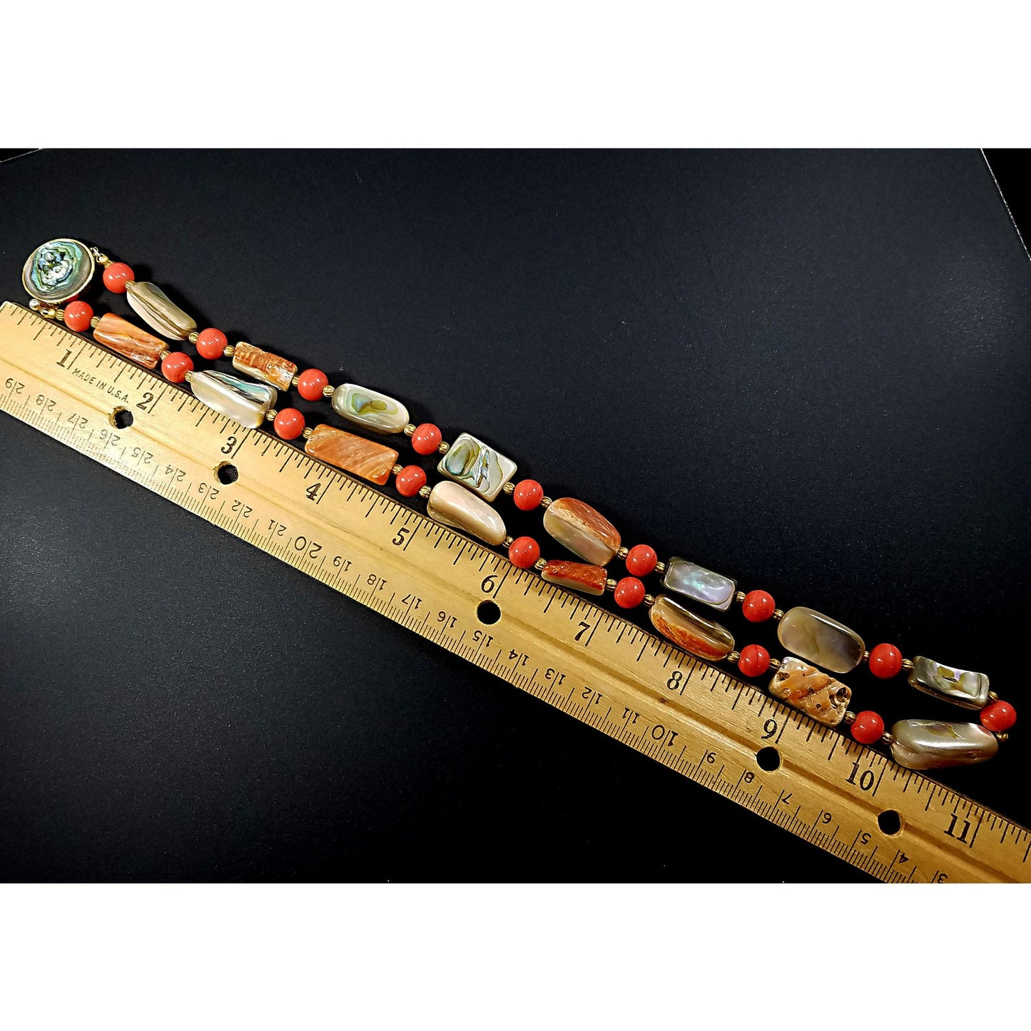 Castlecliff Abalone Beaded Necklace, Orange Glass Beads, Gold Plated Abalone Clasp, 1960s Vintage Jewelry