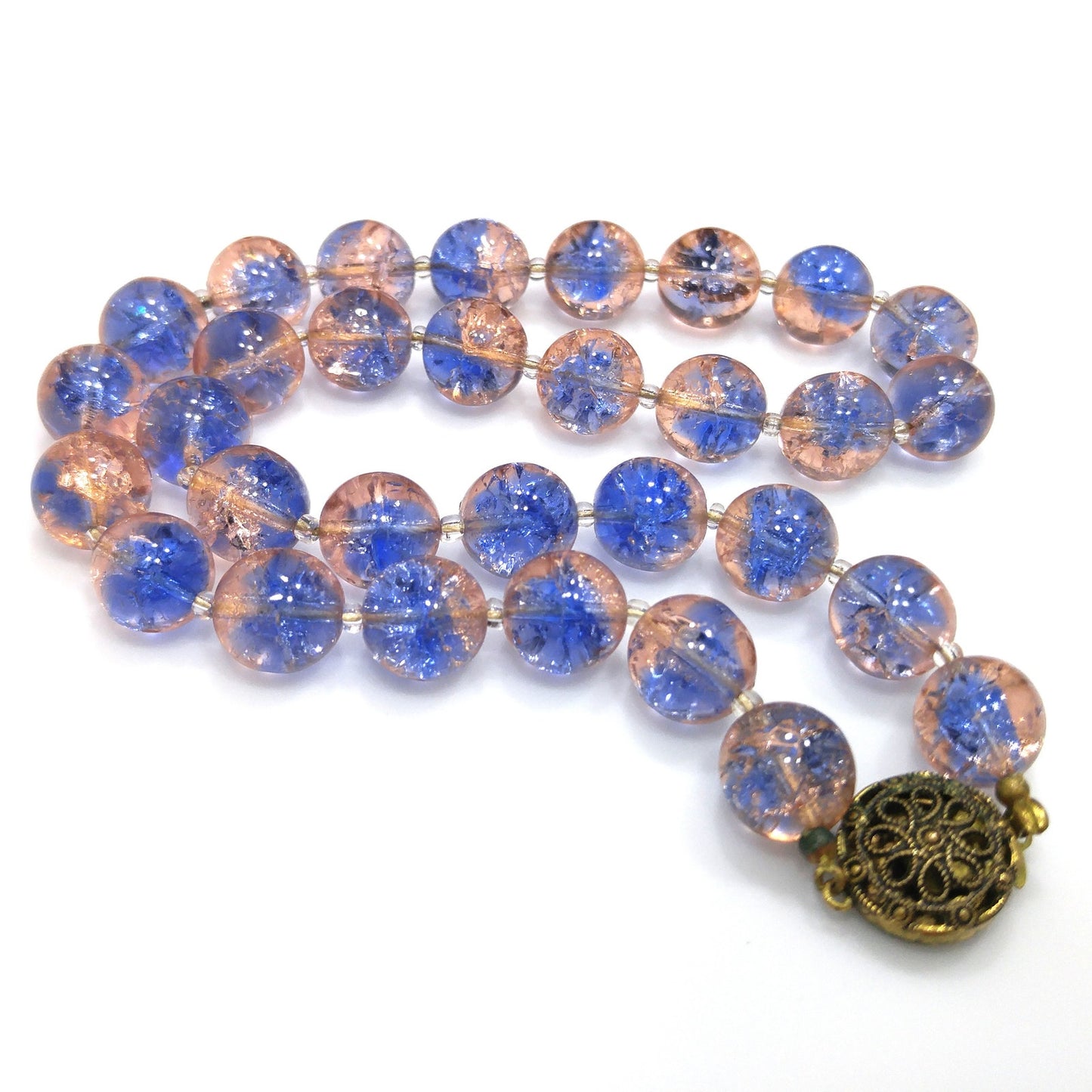 Blue Pink Crackle Glass Beaded Necklace, Filigree Brass Clasp, 1950s Vintage Jewelry