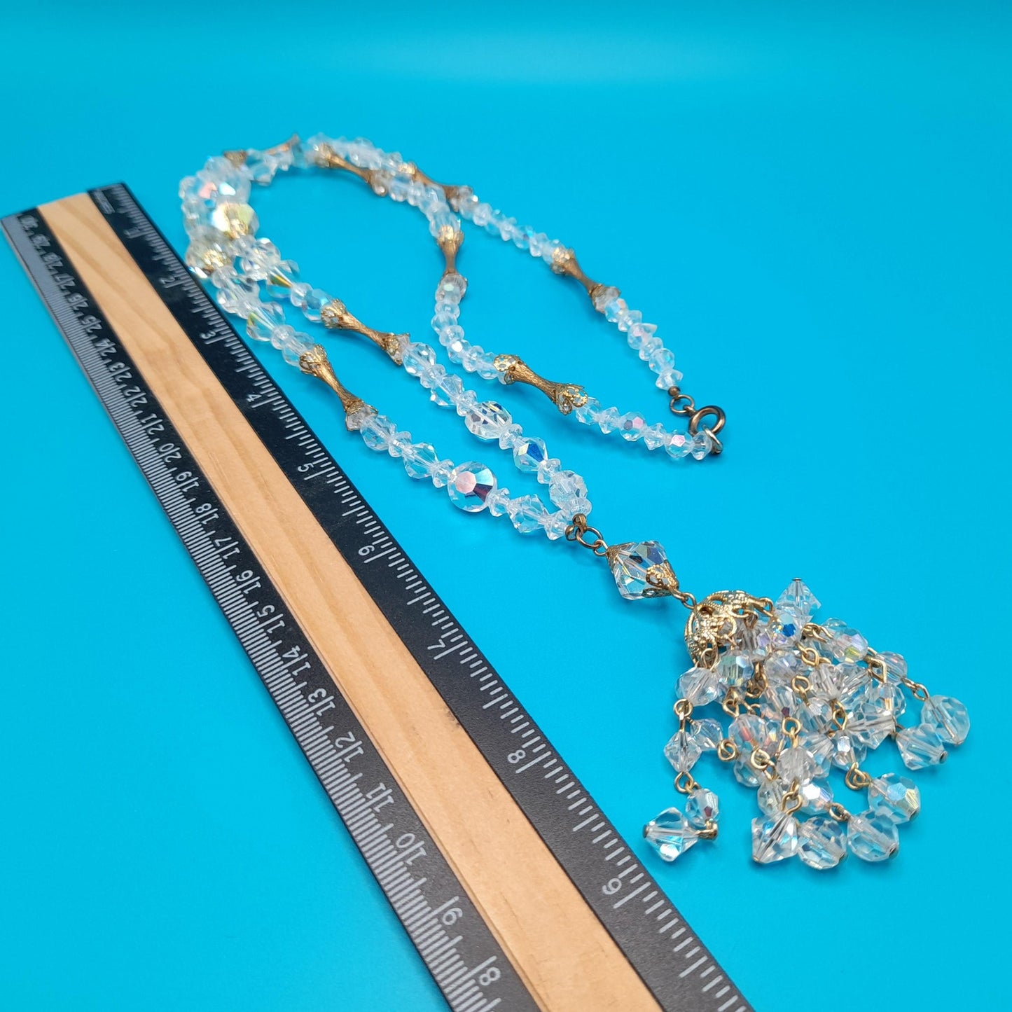 Clear Aurora Borealis Tassel Necklace, Bicone Round Aspirin Crystal Beads, 1960s Vintage Jewelry