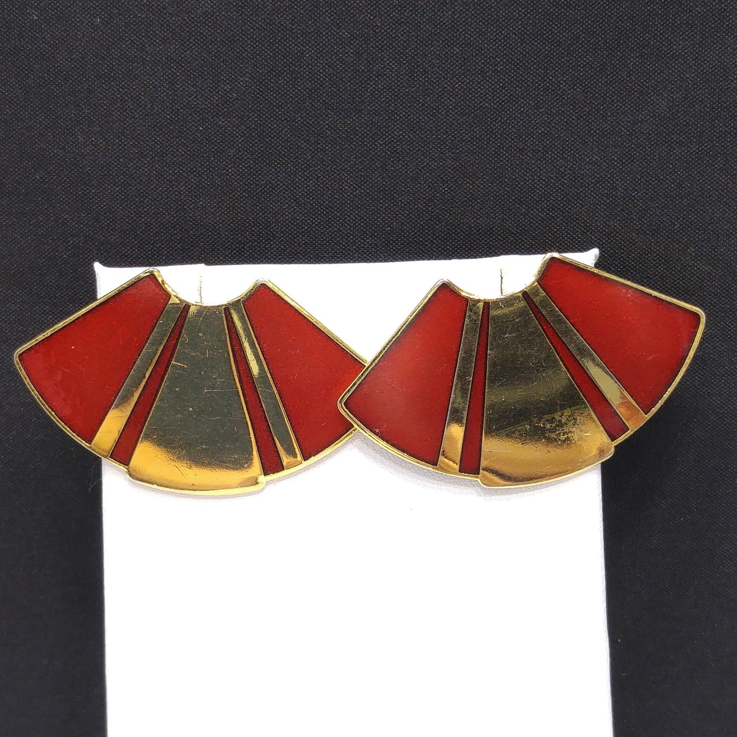 Laurel Burch Red Fan Post Earrings, Gold Plated, Red Metallic Enamel, 1980s