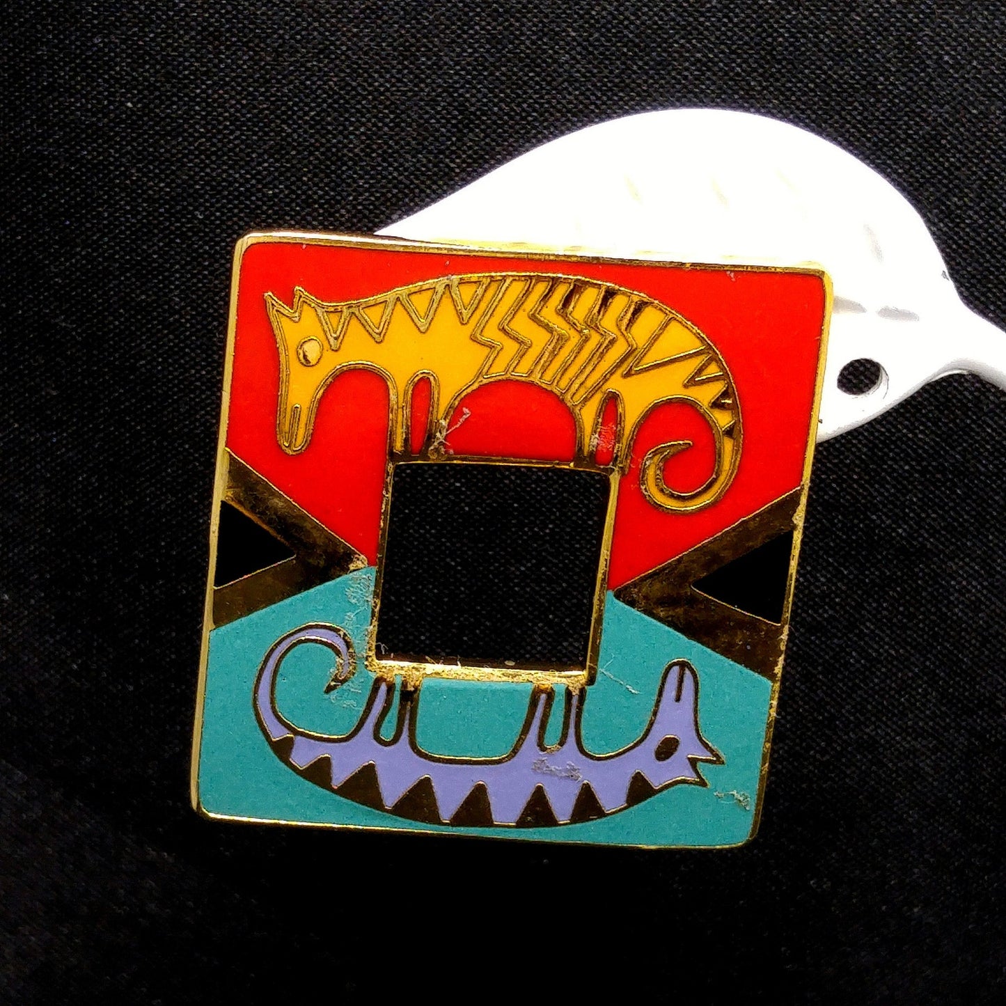 Laurel Burch "Primal Horse" Large Post Earrings, Gold Plated Cloisonné Enamel, 1980s Vintage Jewelry